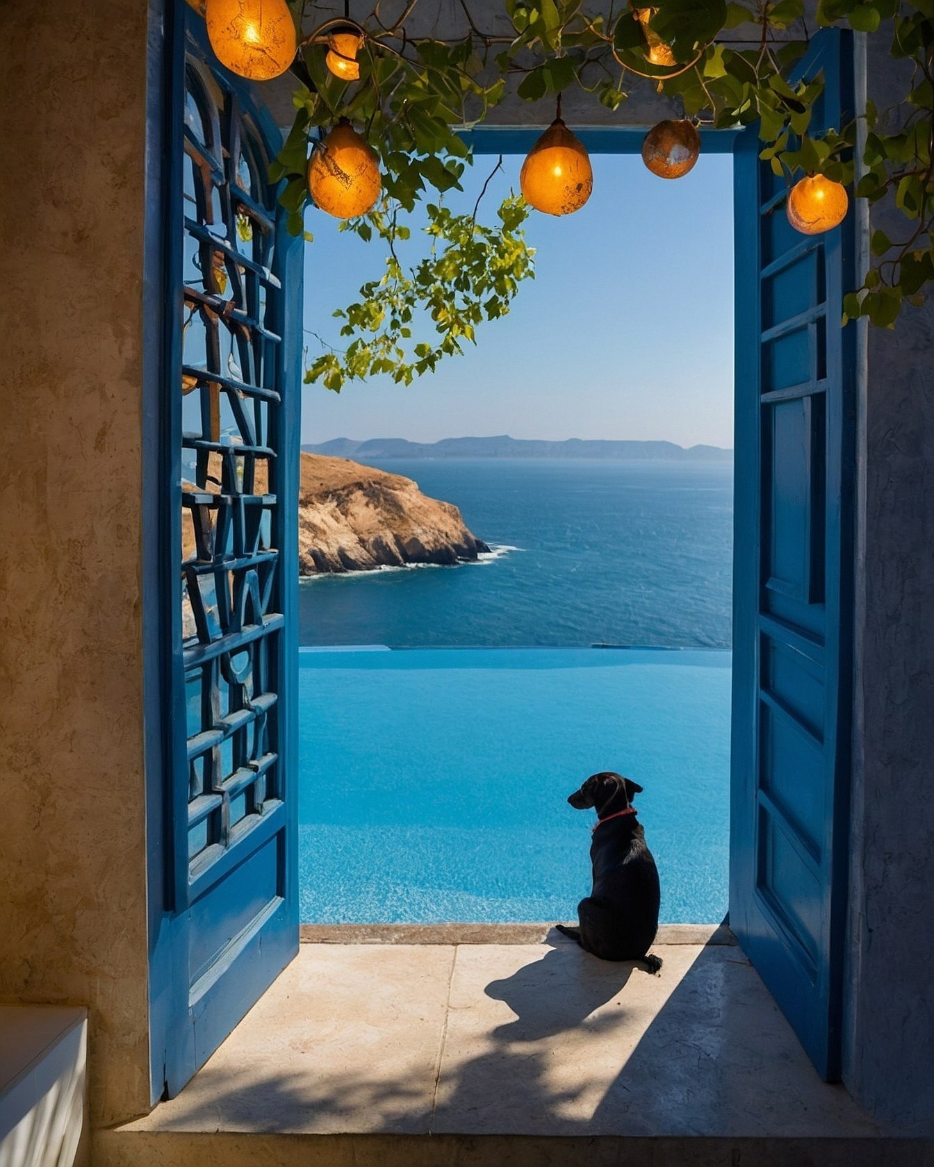 Vibrant Blue Doorway Opens to Azure Ocean Vista