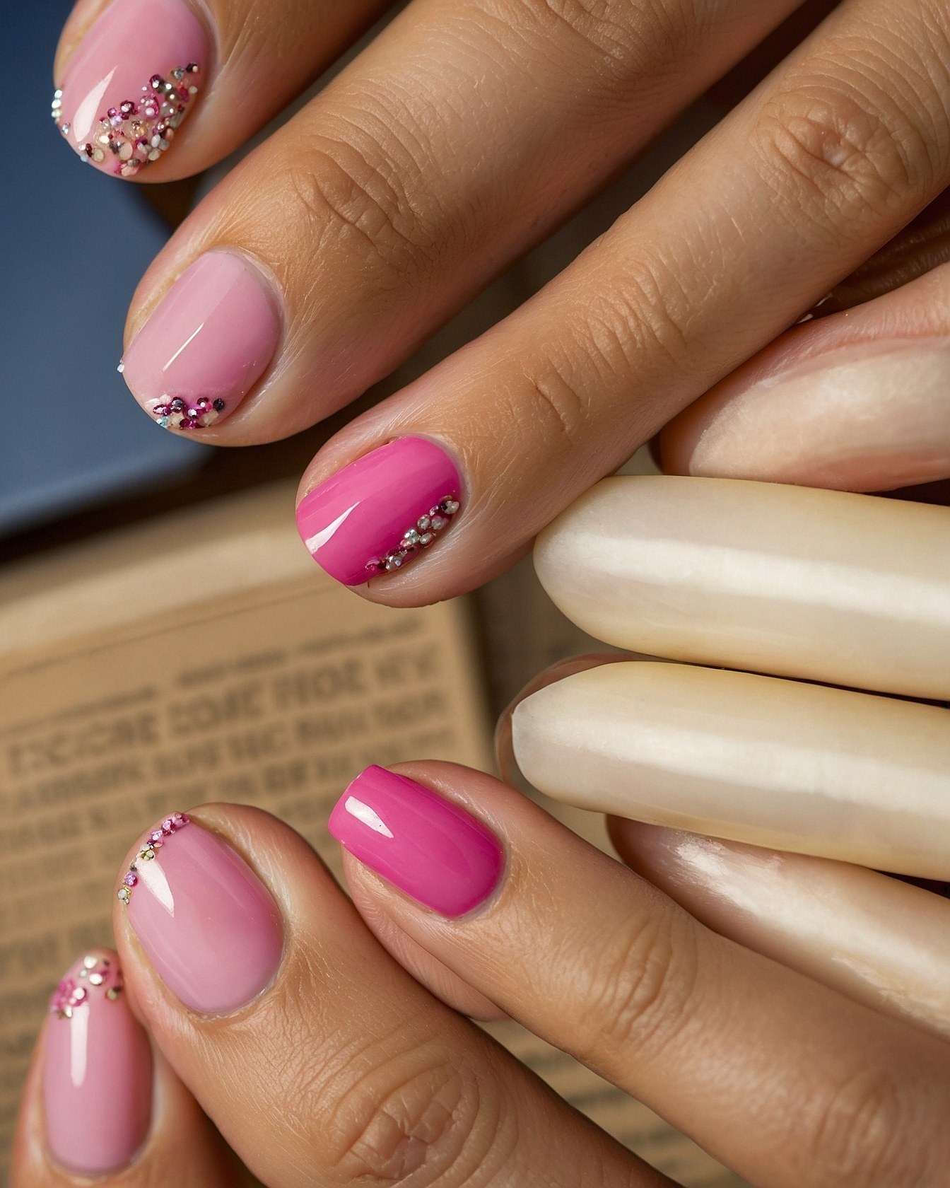 Pink and Fuchsia Nails with Crystal Accents