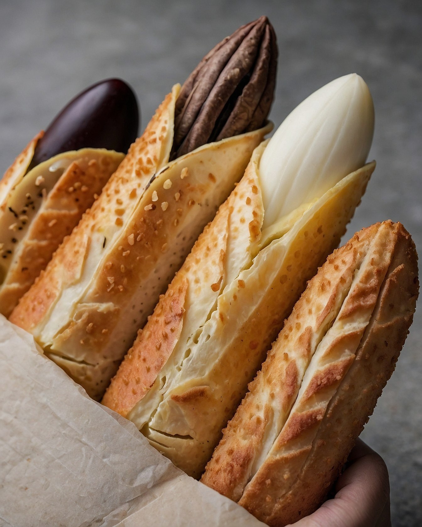 Close-up view of a hand holding a bouquet of bread