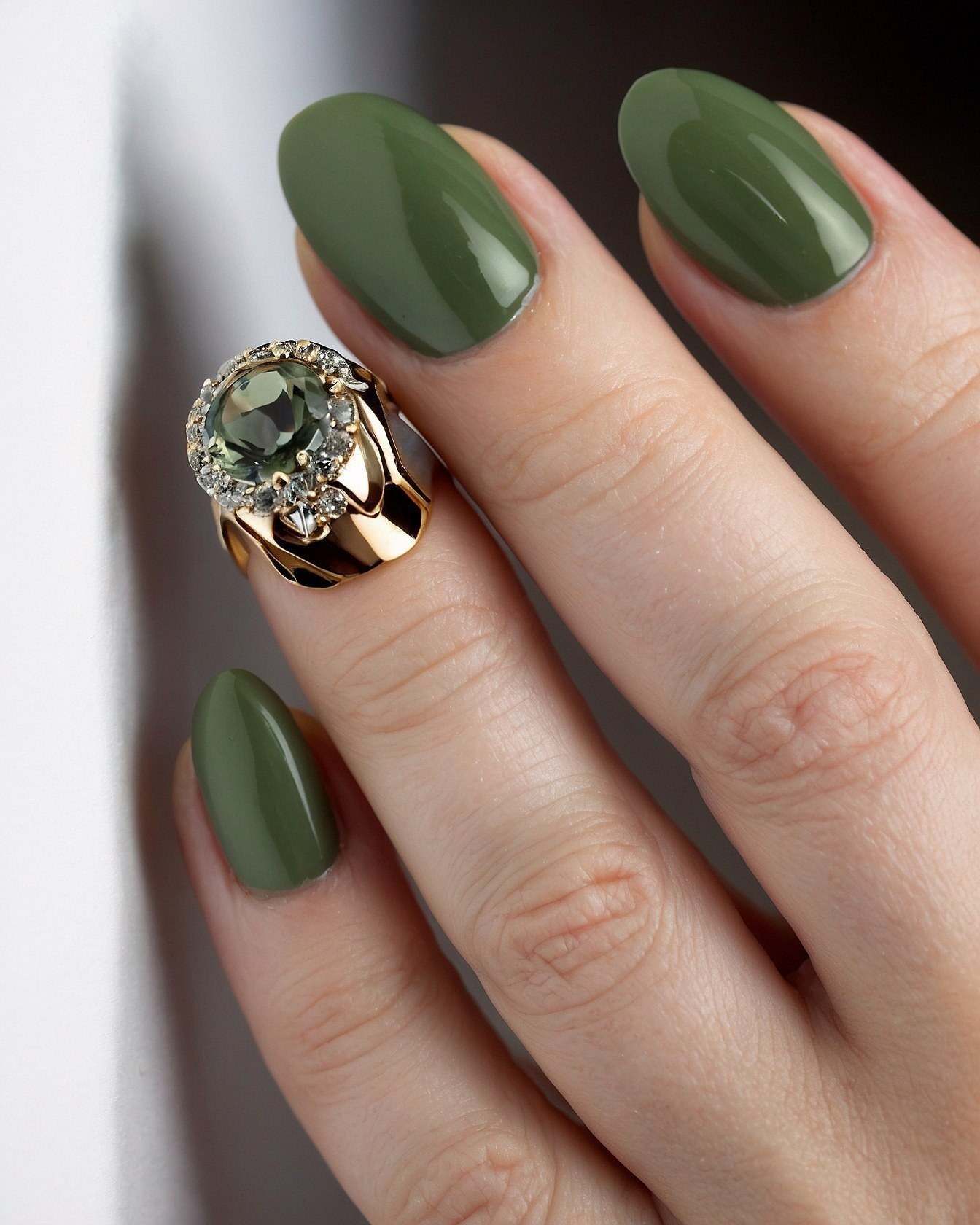 Close Up of Olive Green Nails and Ring