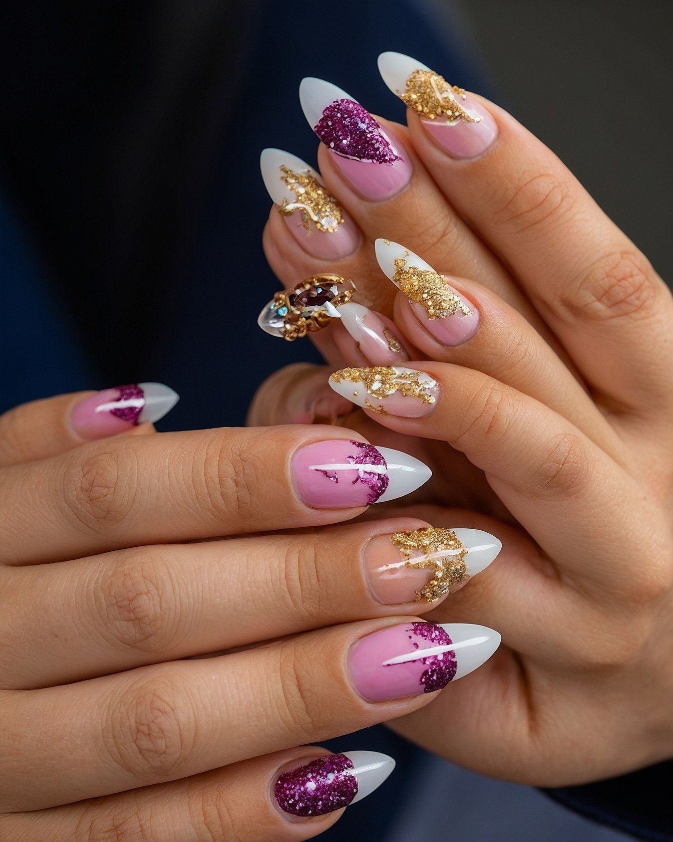 Close-up of Almond Nails with Glitter and Gold Leaf