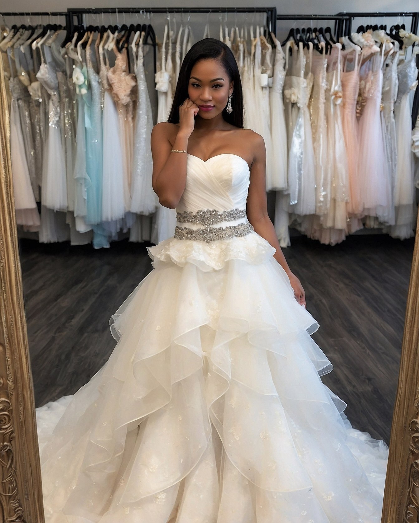 Beaded Belt Embellishing Ruffled Skirt