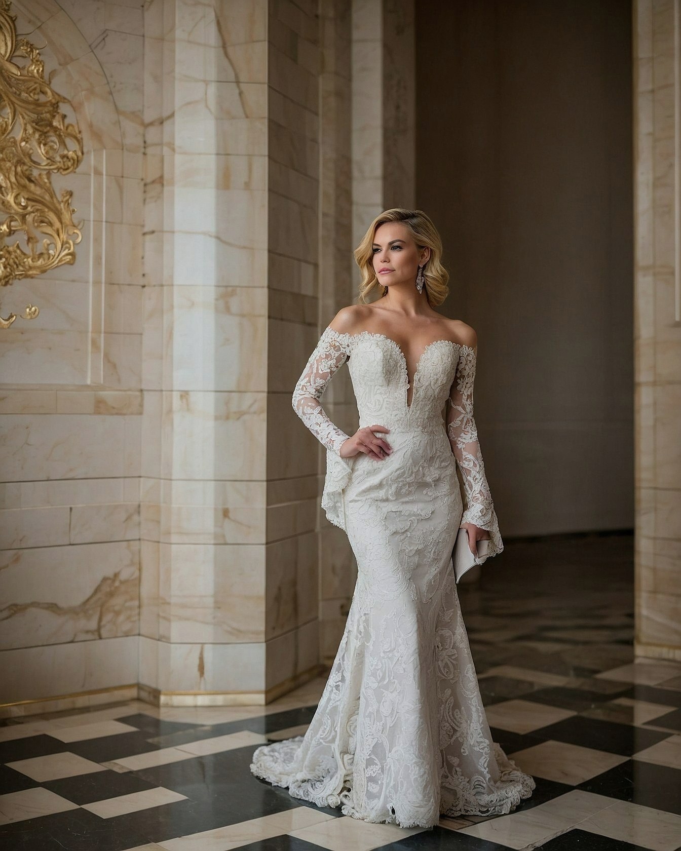 Elegant off-the-shoulder lace sleeves framing the bodice