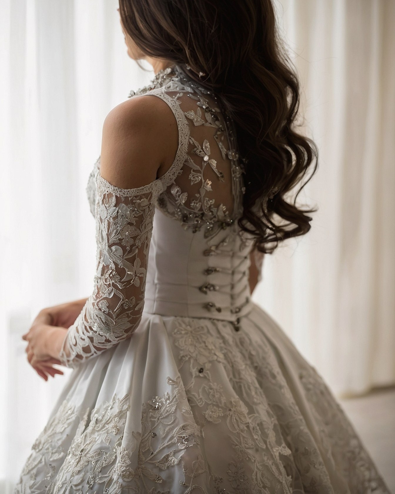Cold Shoulder Illusion Neckline with Delicate Beading