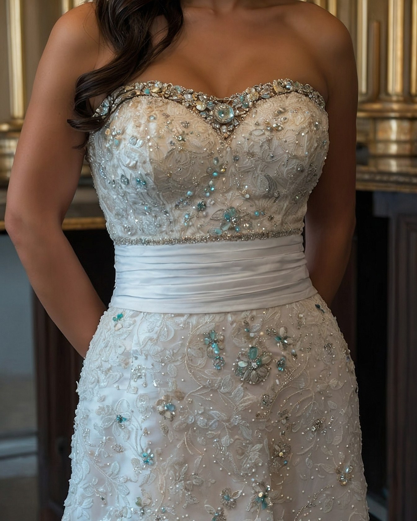 Embellished bodice with a satin sash detail