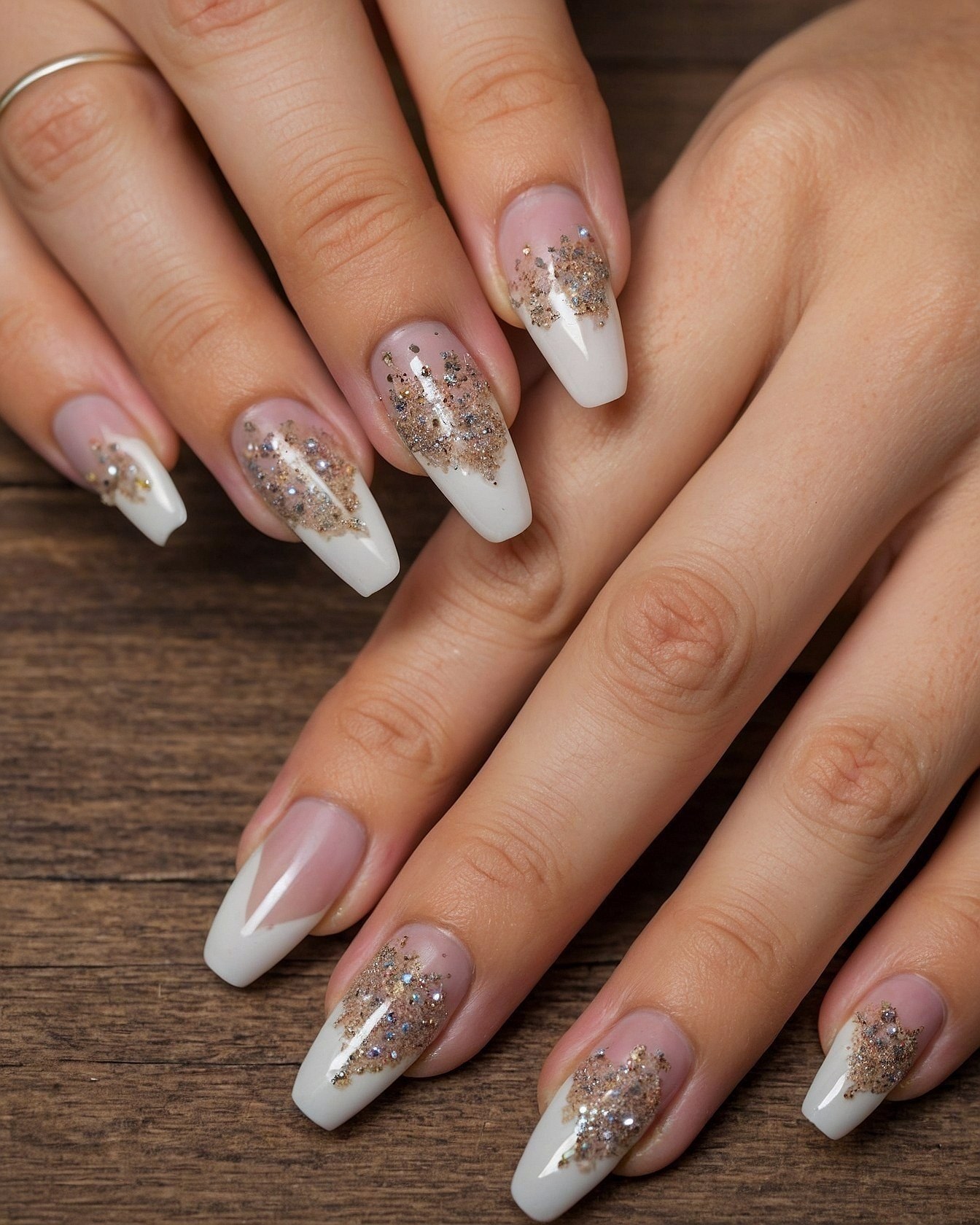 Glittery French Tips with a V-Shaped Cuticle Accent