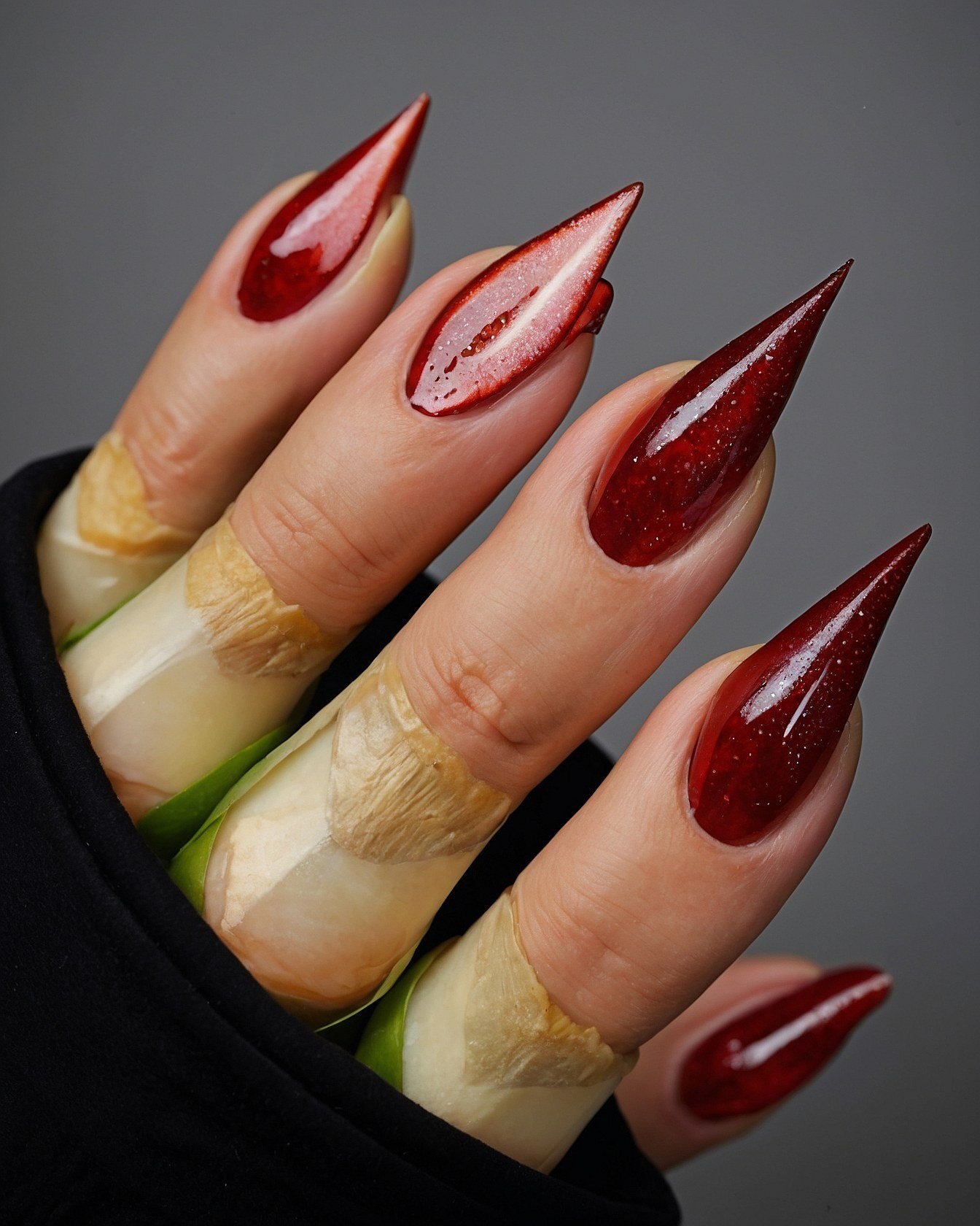 Deep Crimson Stilettos Peeking From Black Fabric