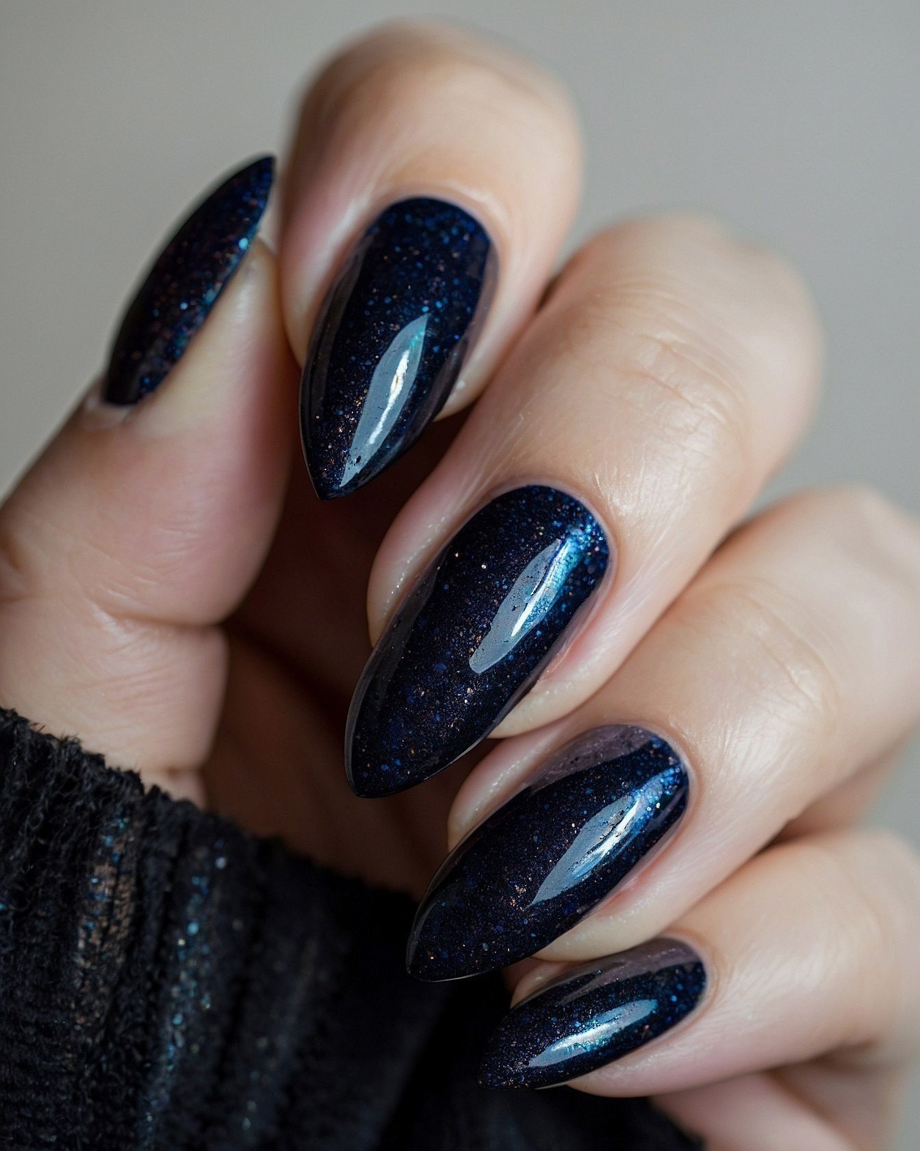 Close-up of Dark, Glittering Almond Nails