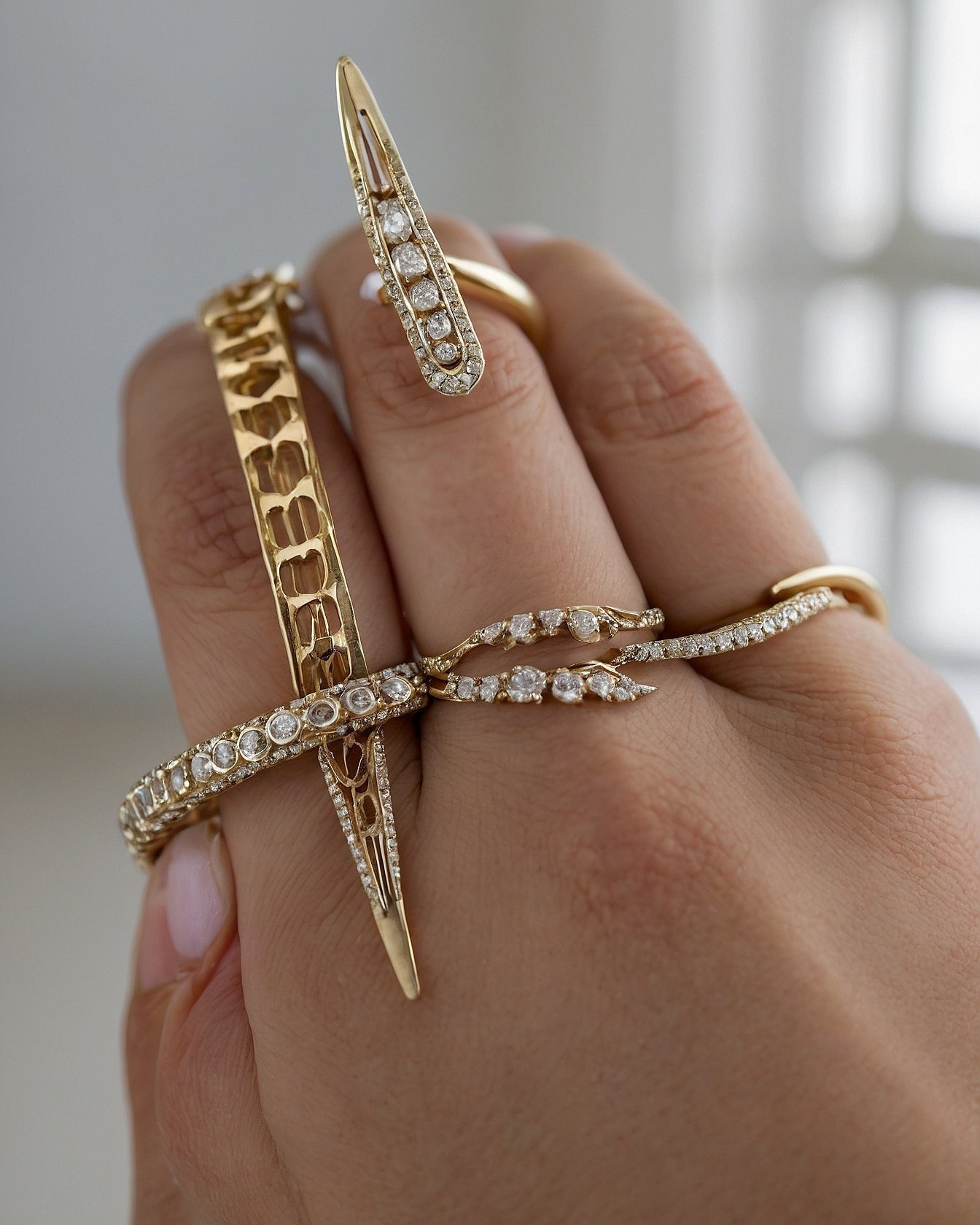Hand Adorned with Sculptural Gold and Diamond Jewelry