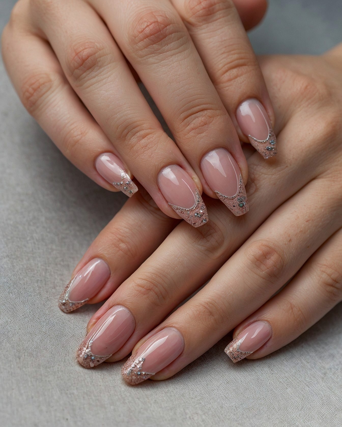 Elegant French Tips Adorned with Glittering Silver Accents