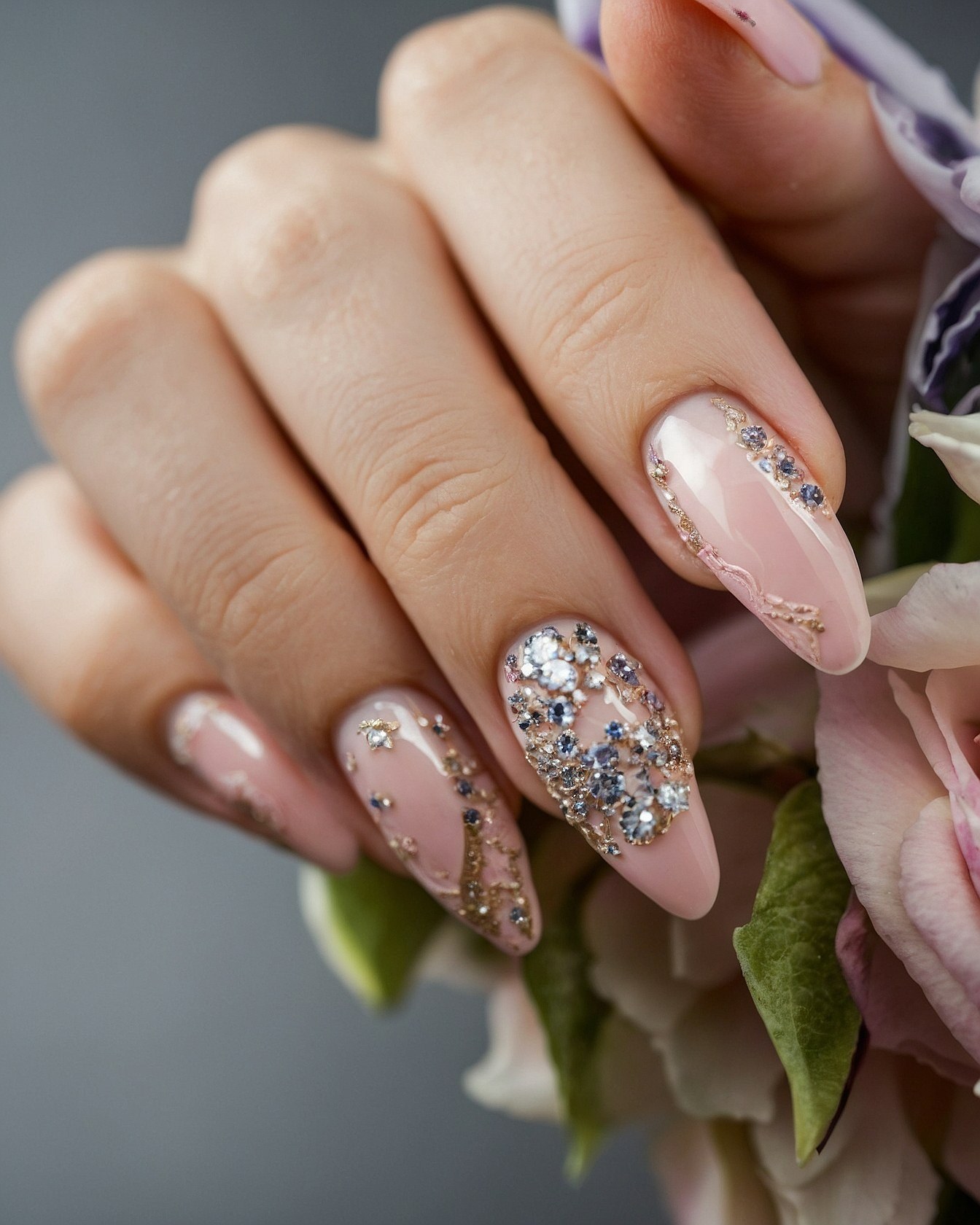 Elegant Nail Art Adorned with Gems and Gold Detailing