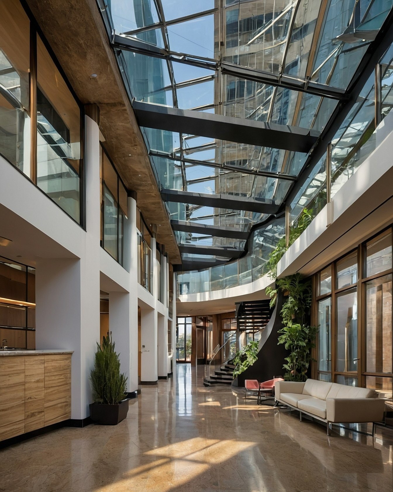 Sun-drenched atrium with architectural layers
