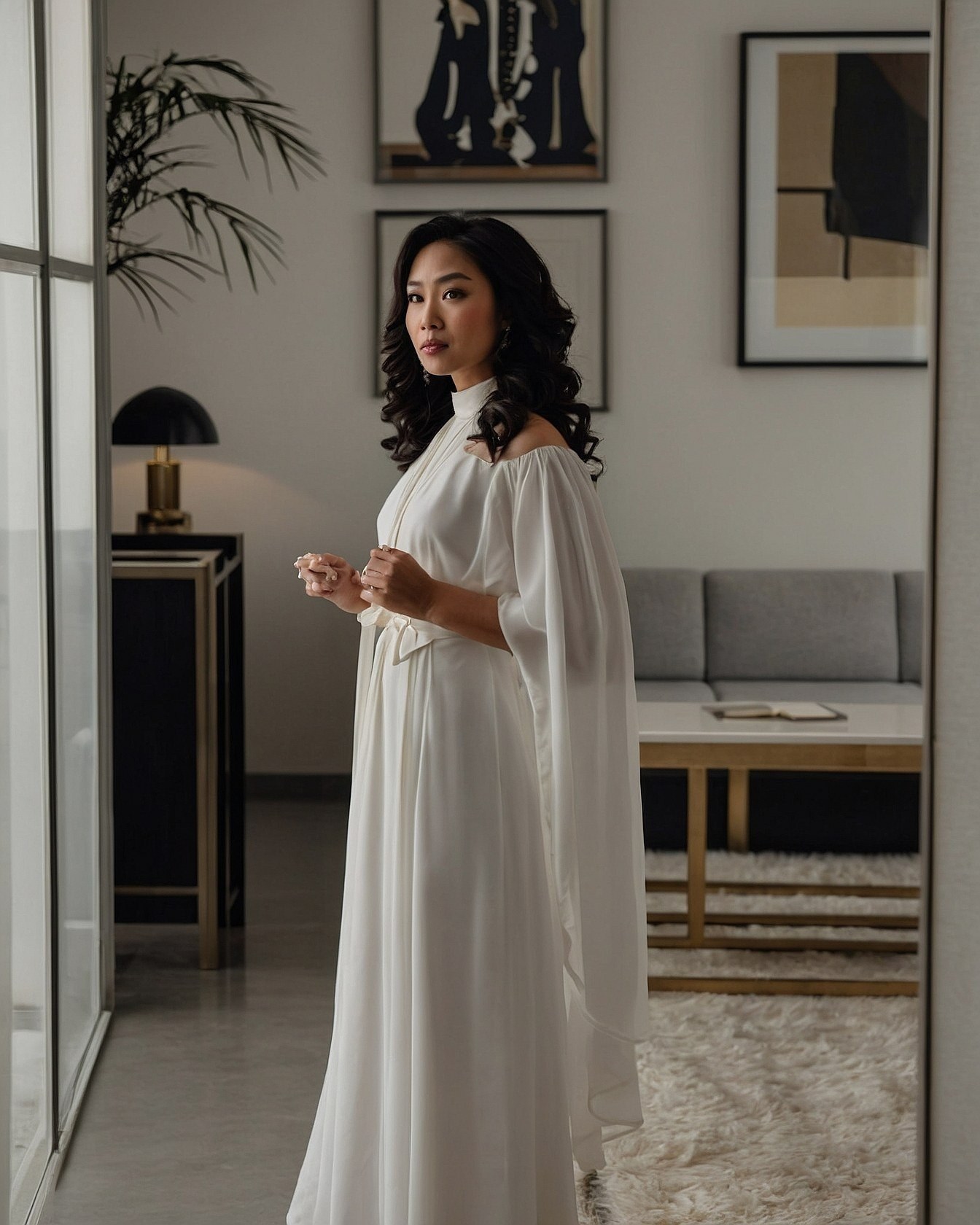 Elegant White Gown With Flowing Cape Sleeves