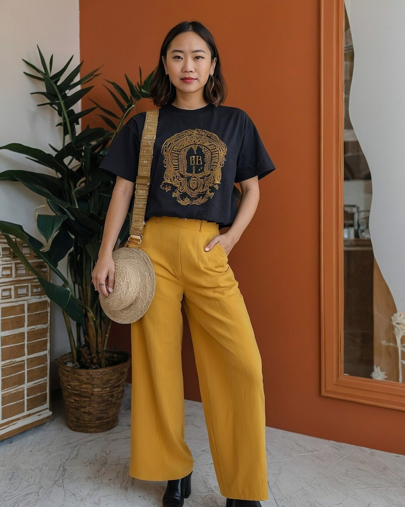 A Woman Standing in Wide-Legged Yellow Trousers and a Graphic Tee