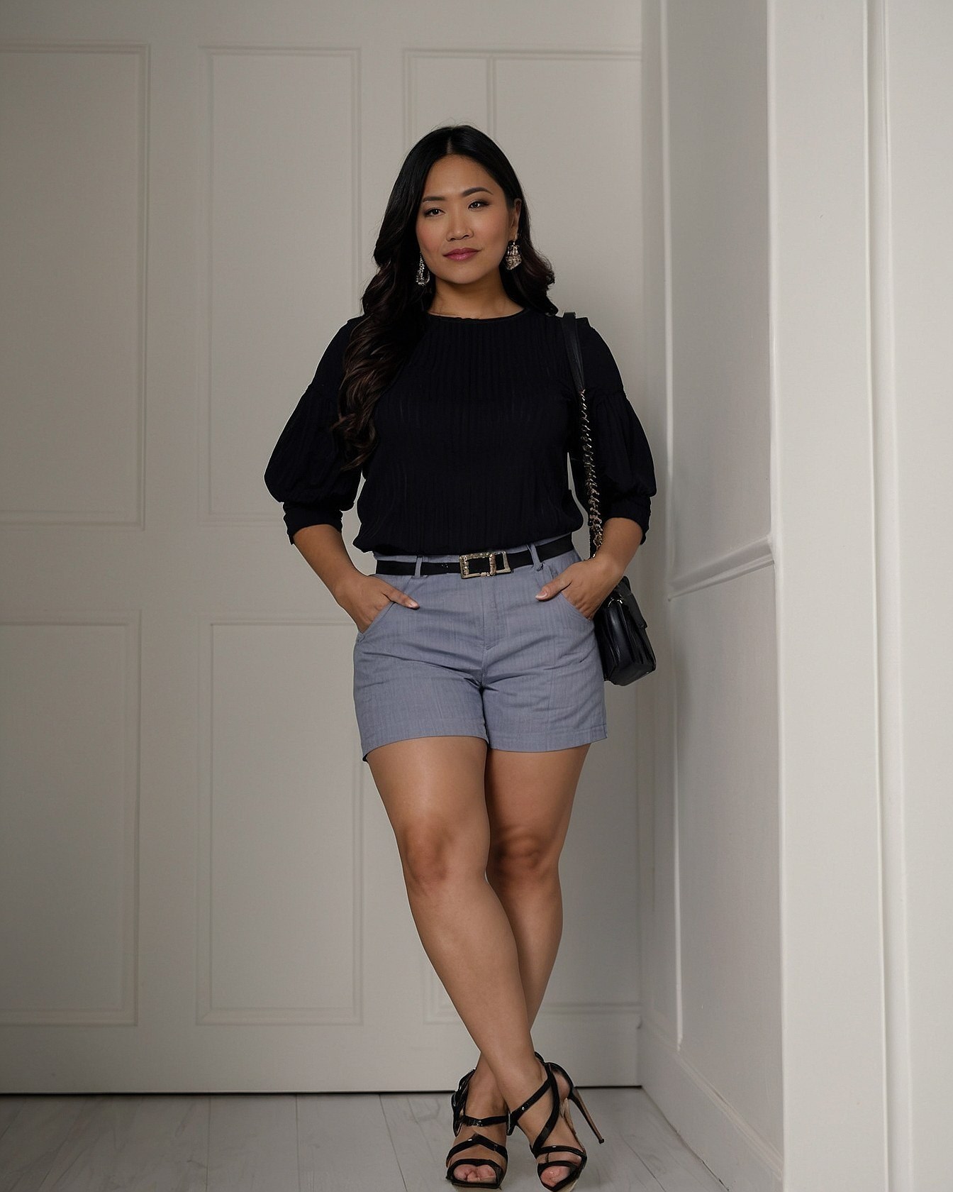 Textured Black Top with Tailored Grey Shorts
