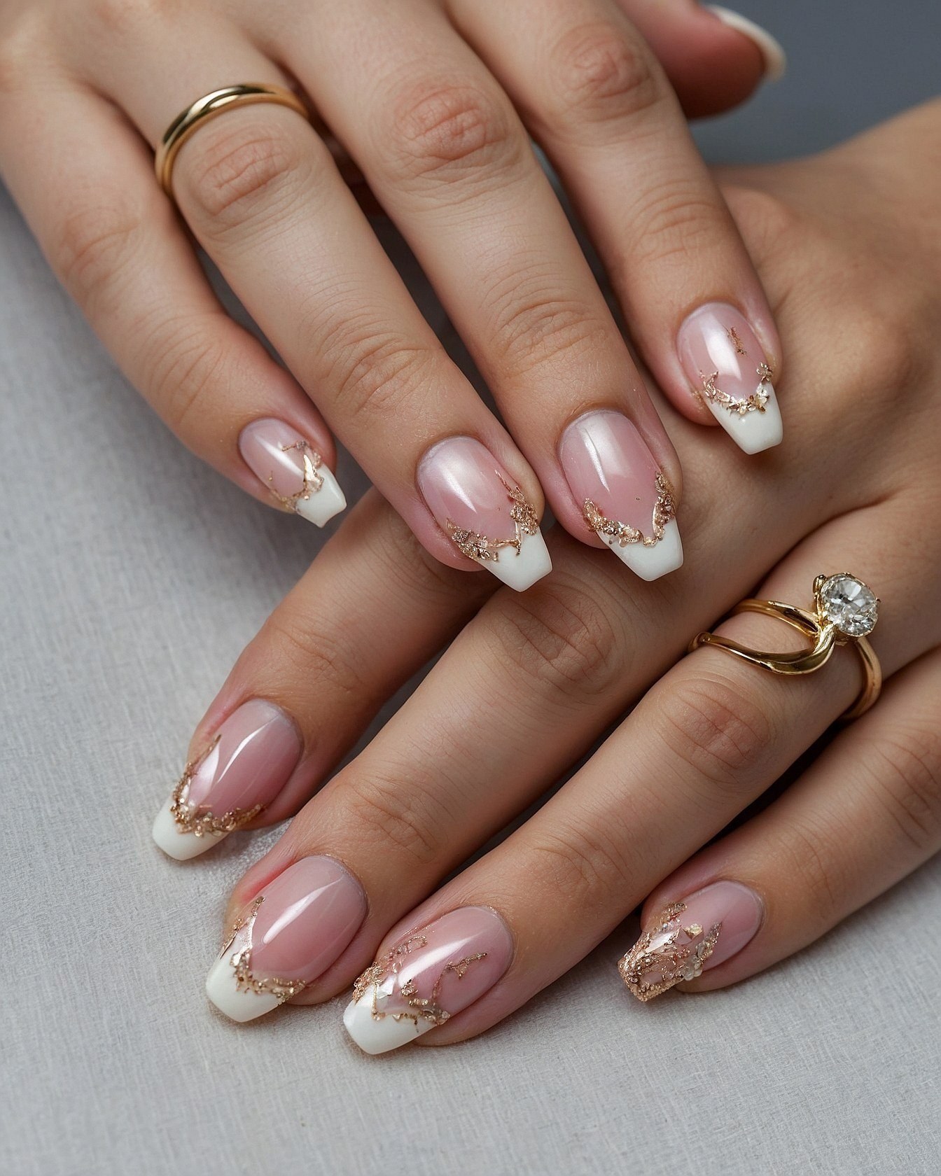 Ornate gold accents on classic white French tips