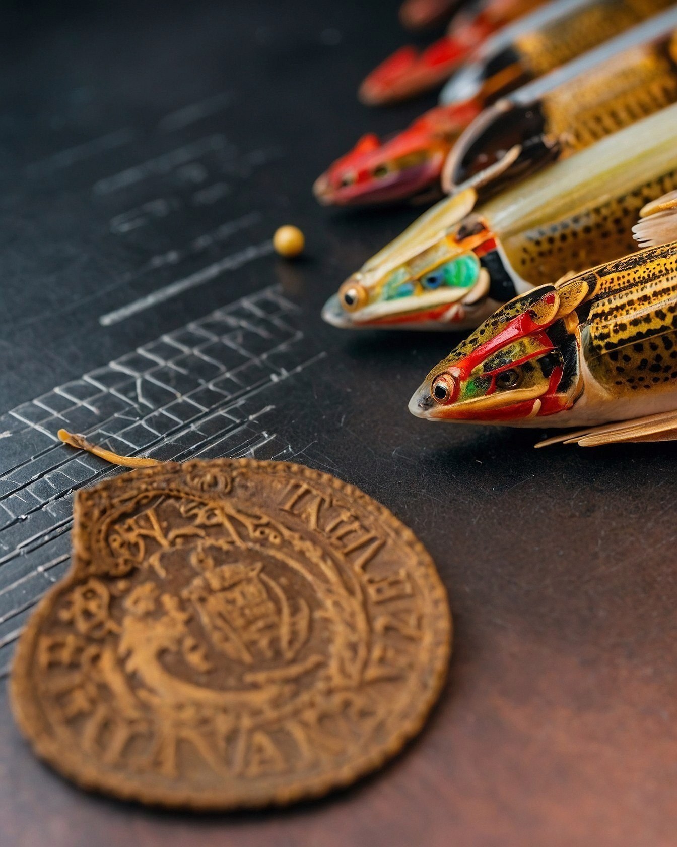 Antique Coin and Colorful Fish Lures on Dark Surface