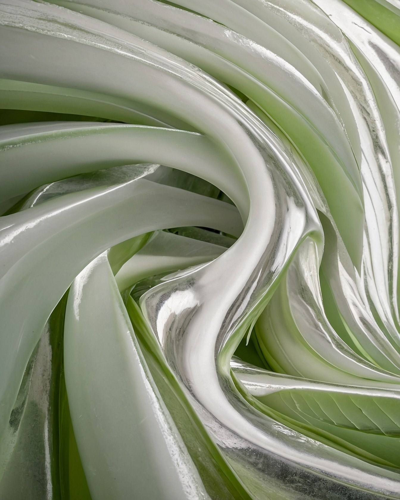 Glossy sage and silver ribbons winding into a central vortex