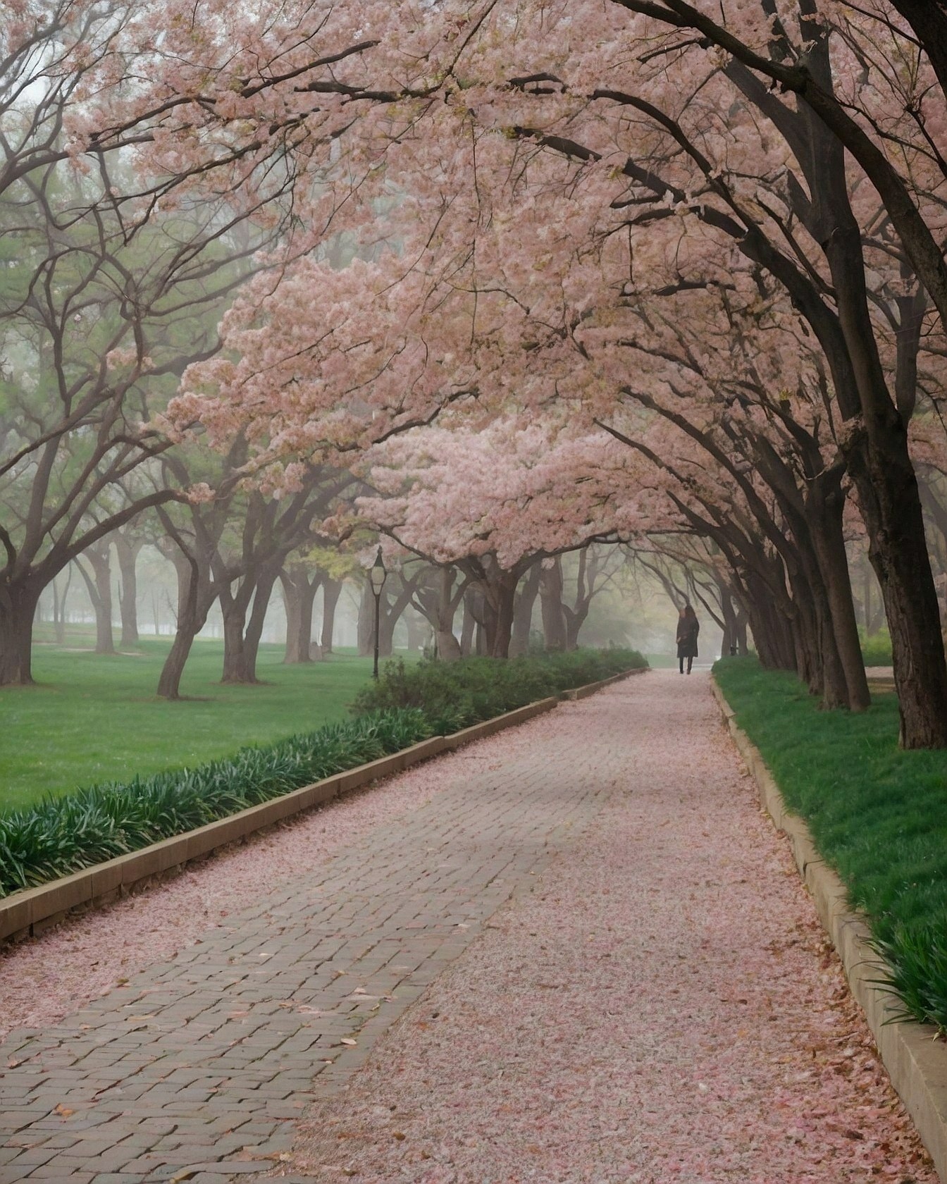 A Foggy Alleyway Lined With Blossoming Pink Trees and Cobblestones