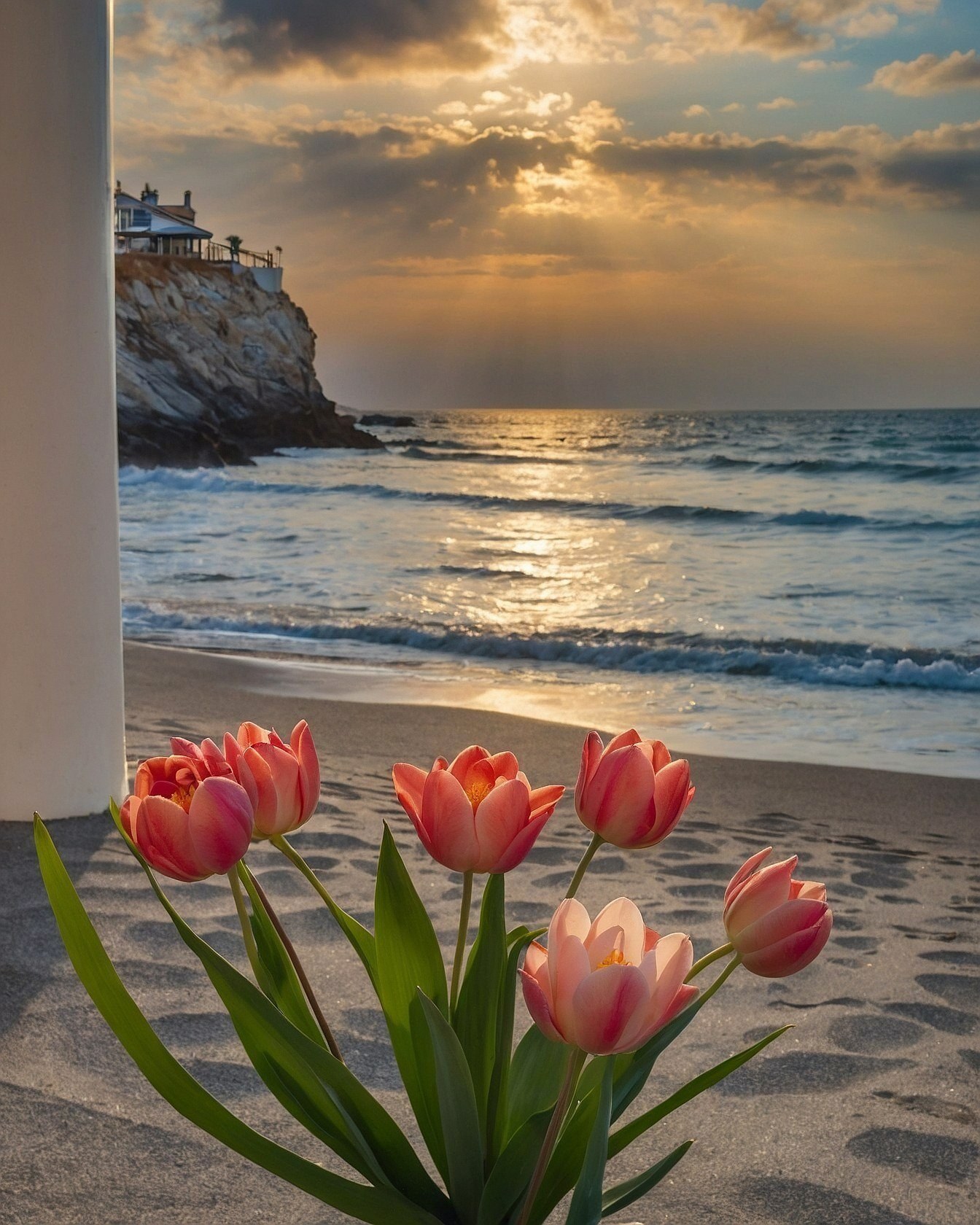 Vibrant Pink Tulips Resting On Coastal Sand Beneath Sunset Skies