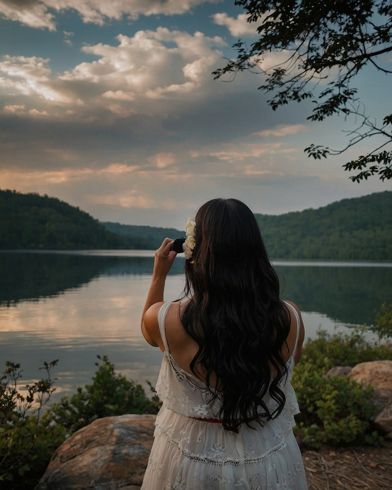 Woman in White Lace Dress Photographing a Calm Lake at Dusk