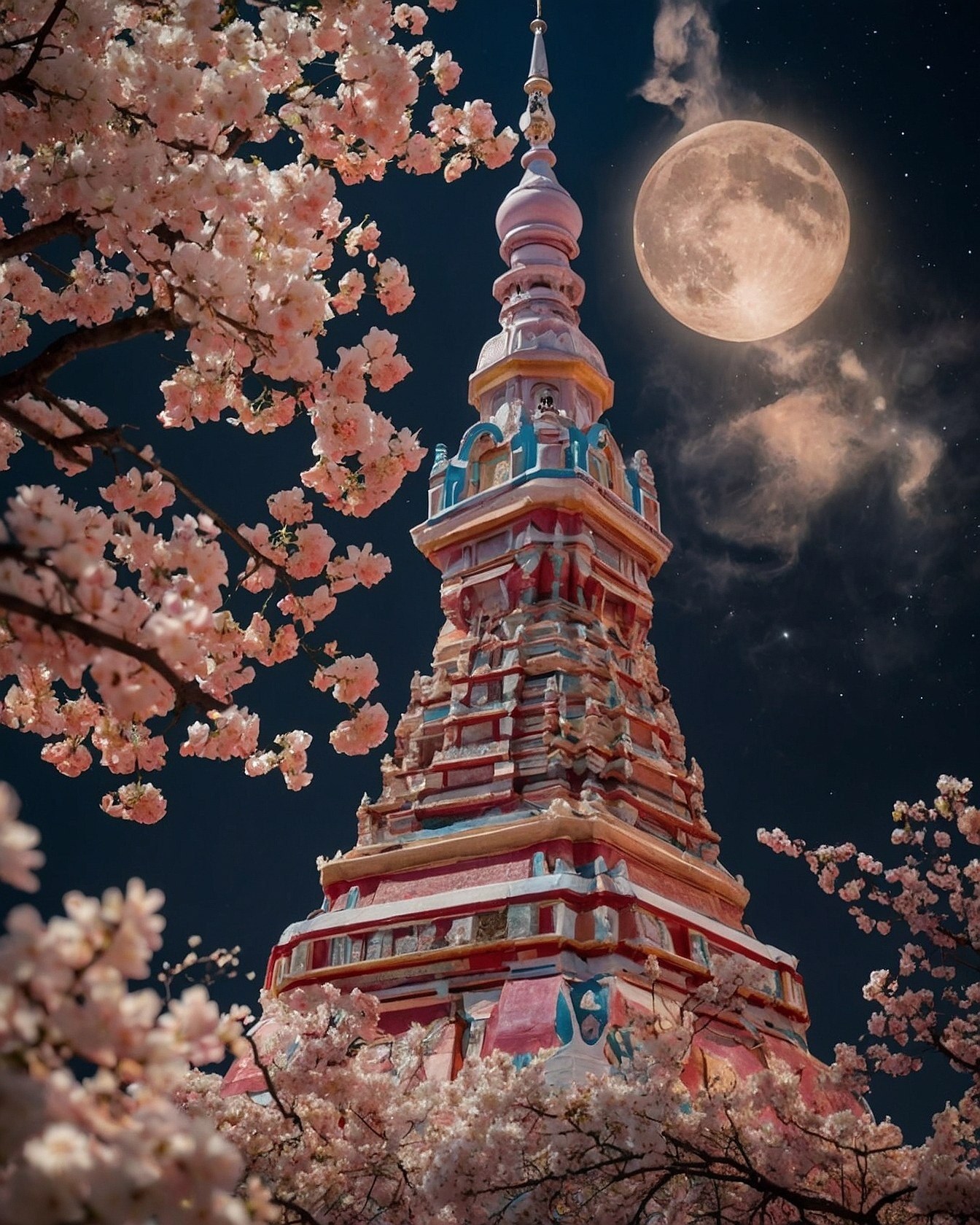 Neon pink pigments on carved temple spires beneath a glowing harvest moon