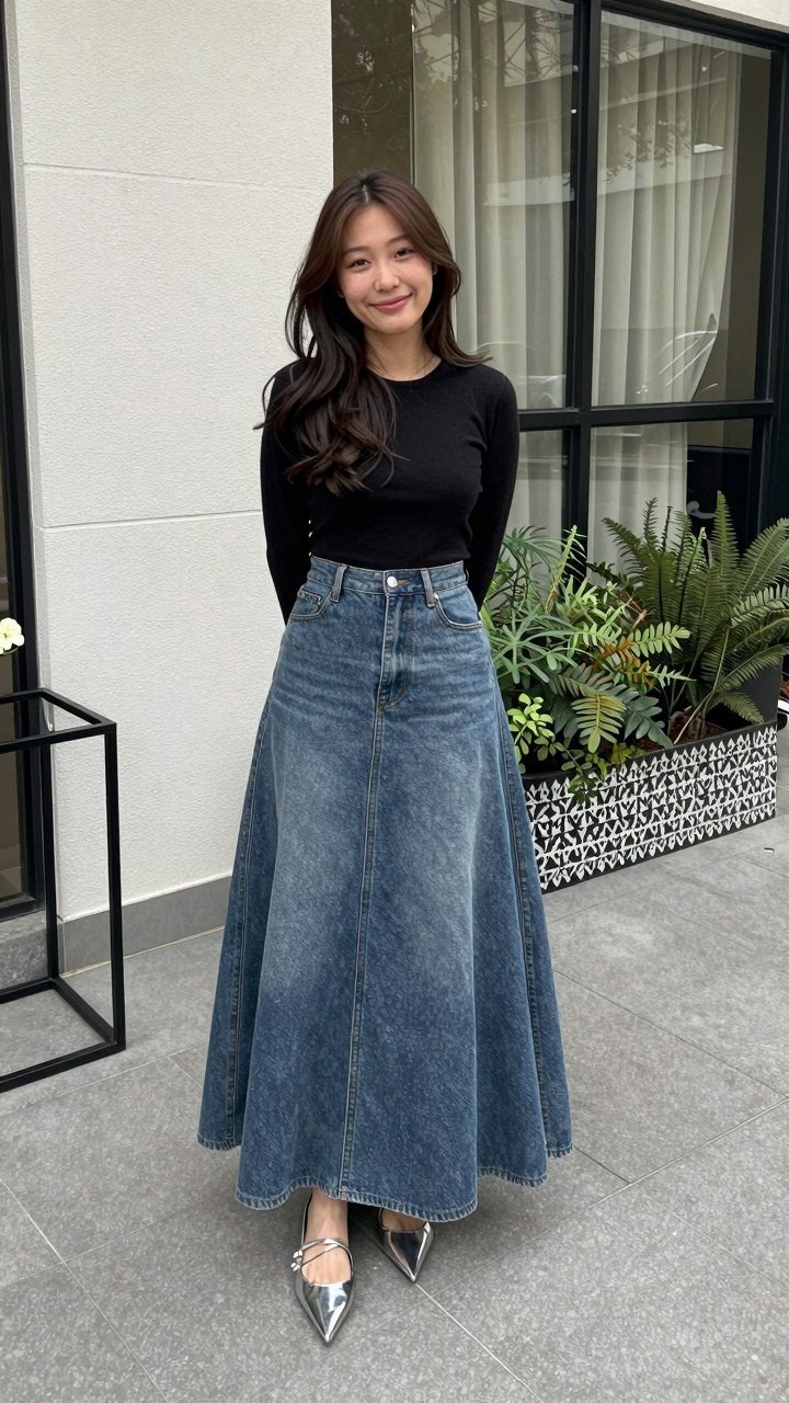 Choosing The Right Long Denim Skirt And Fitted Long Sleeve Top