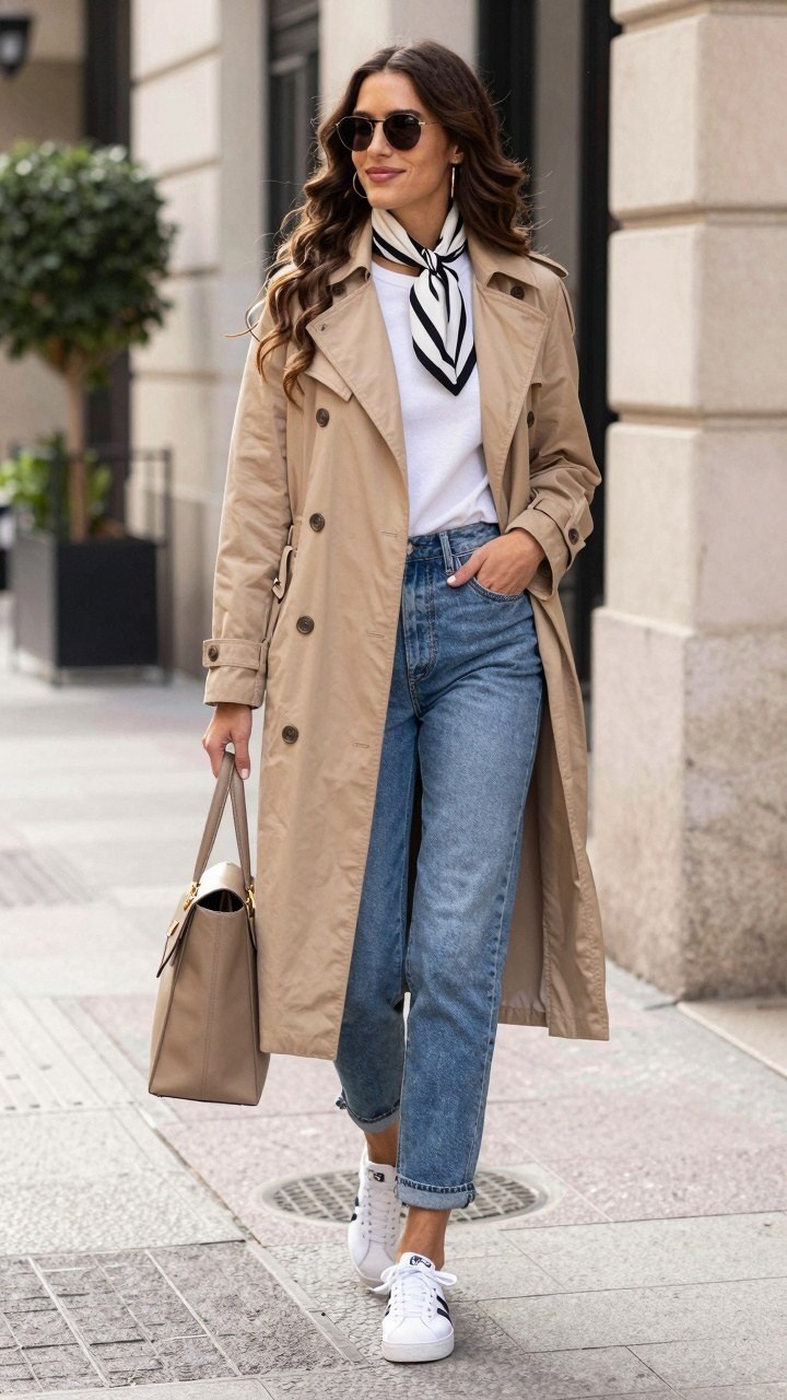 Layering a Beige Trench Coat Over Your Knitwear