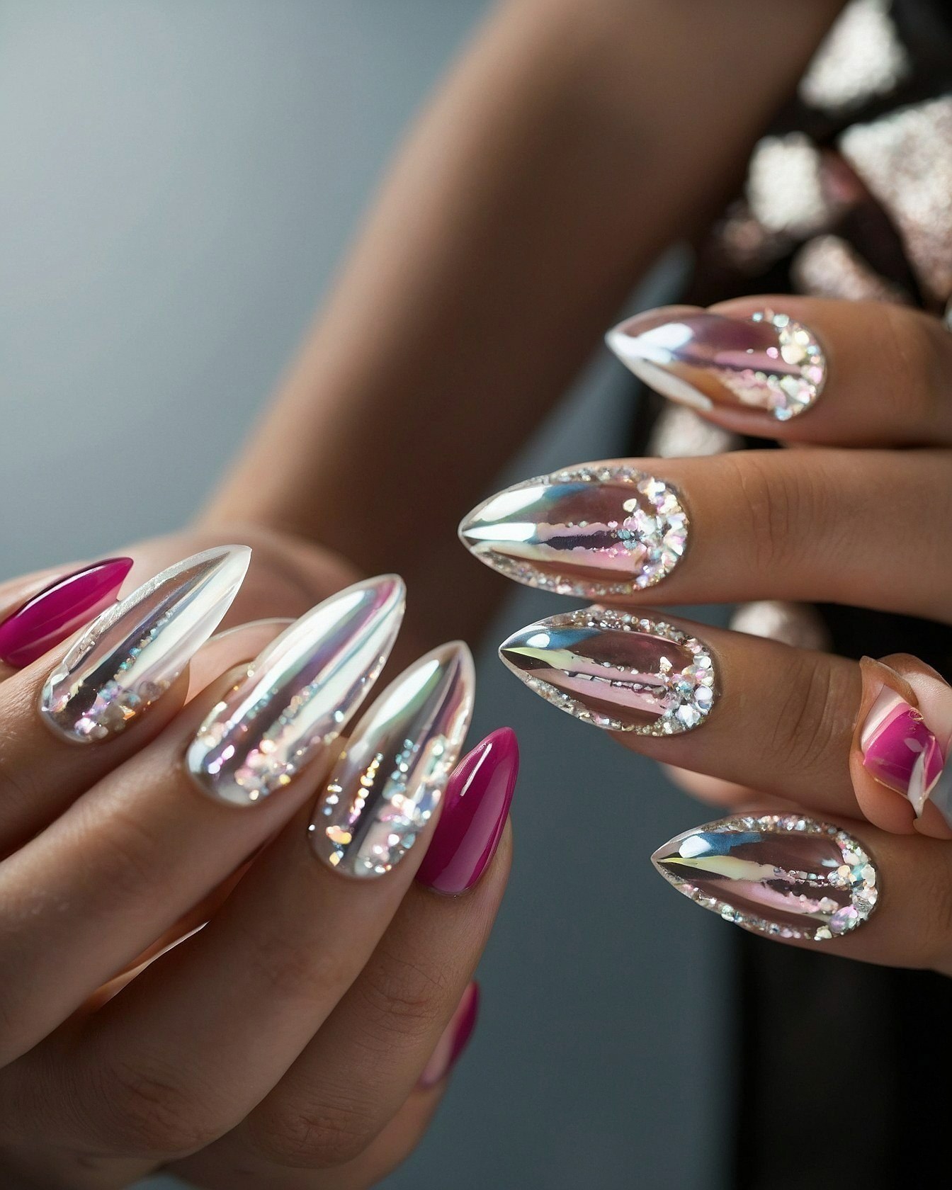 Close up on chrome and fuchsia almond nails