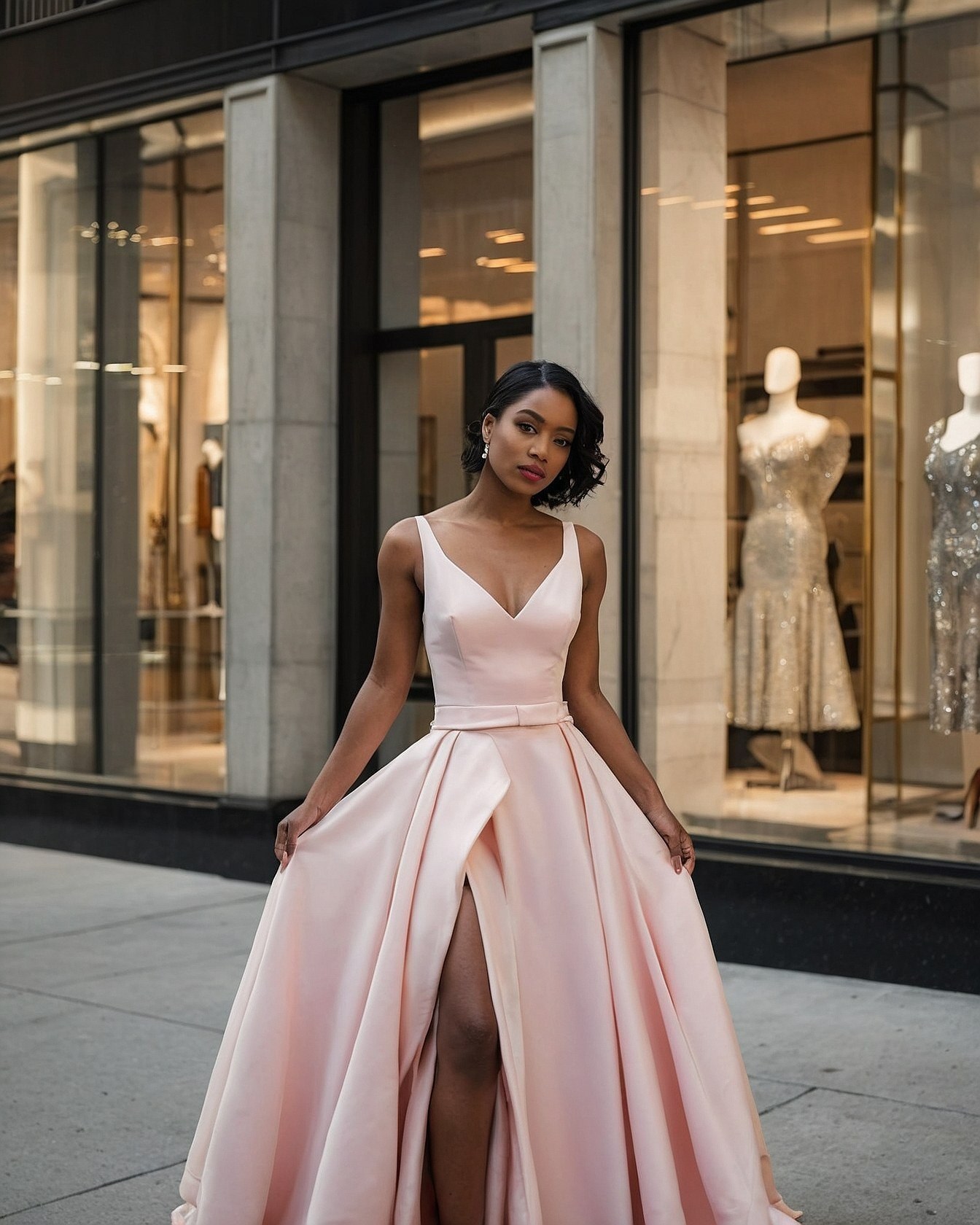 A Soft Blush Gown Against City Facades