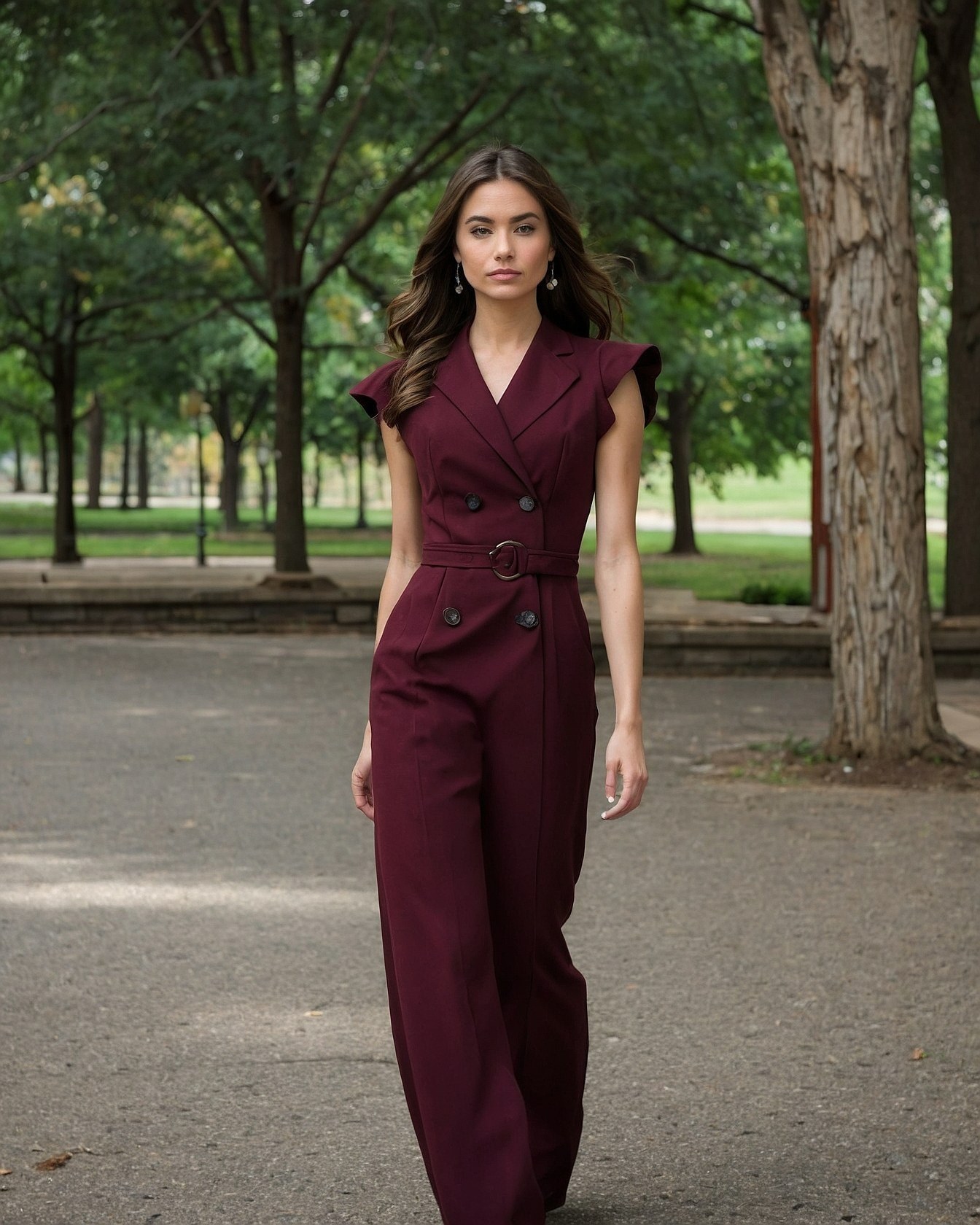 Deep Plum Jumpsuit with Ruffled Sleeves in Park