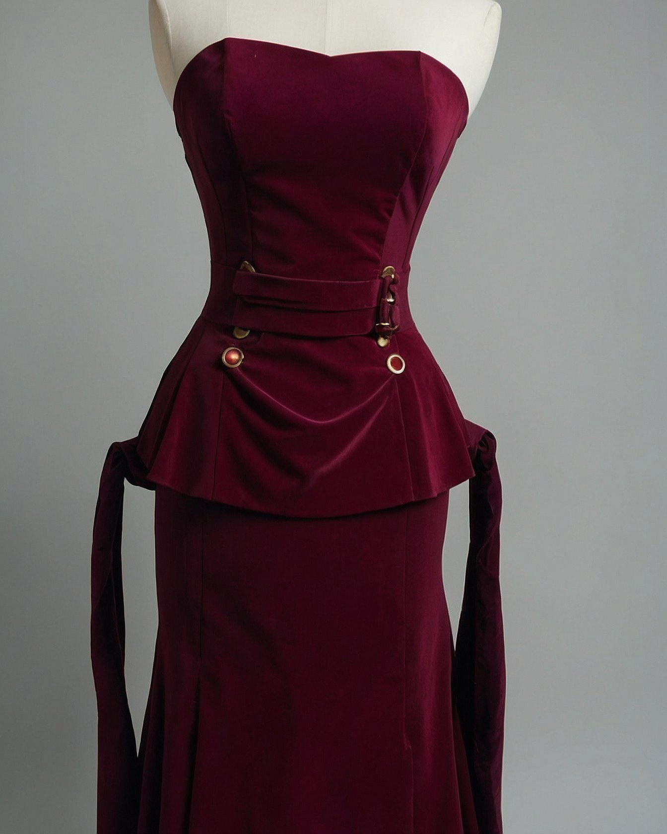 A Corseted Velvet Gown in Deep Wine and Antique Brass