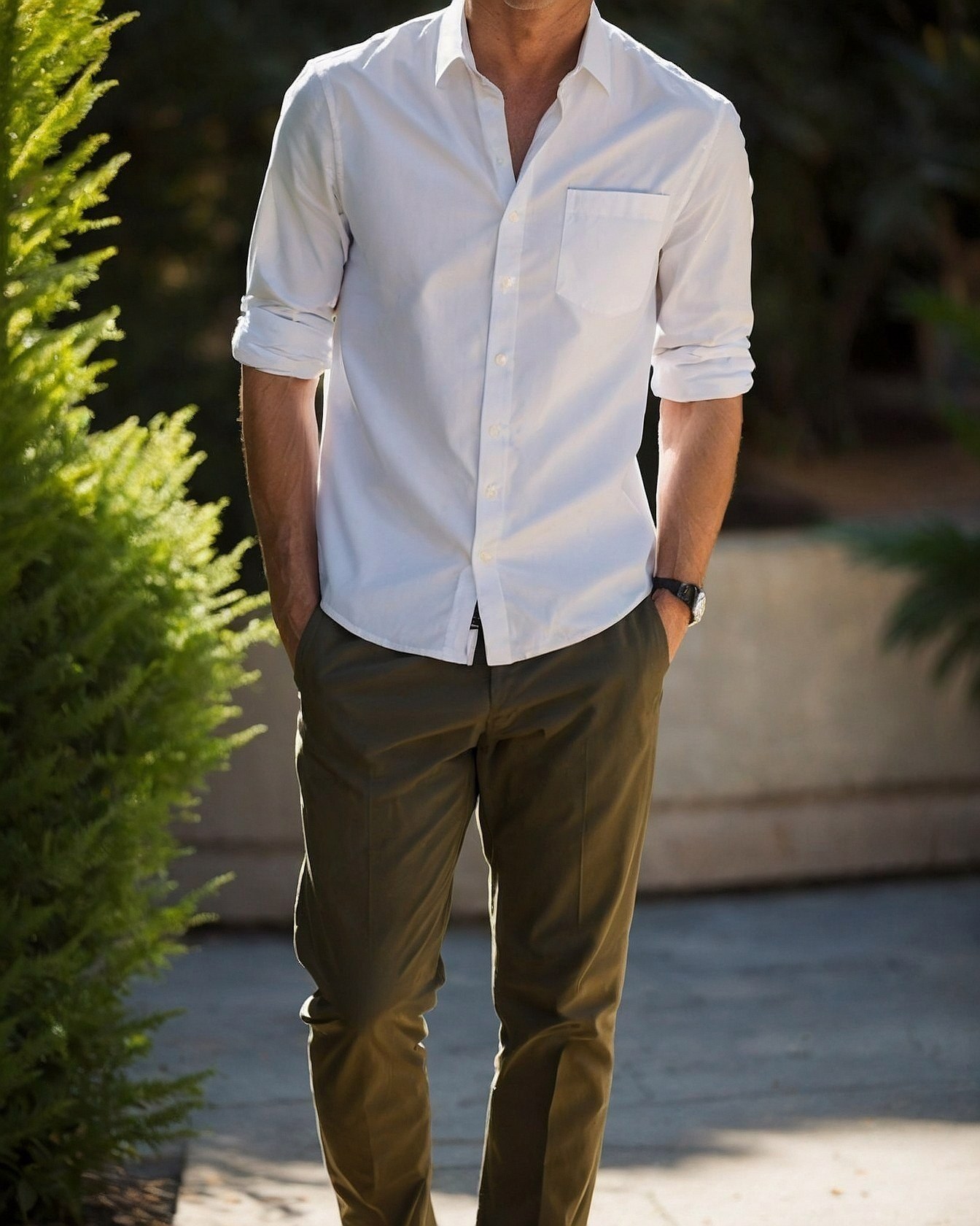 Sharp White Shirt Meets Olive Green Trousers