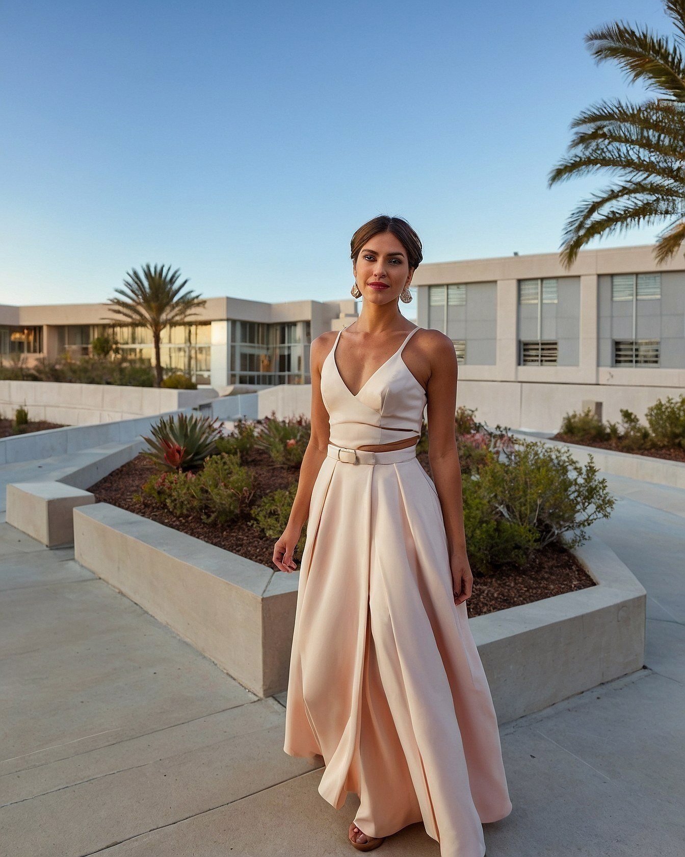Soft blush and sand tones for a modern ensemble