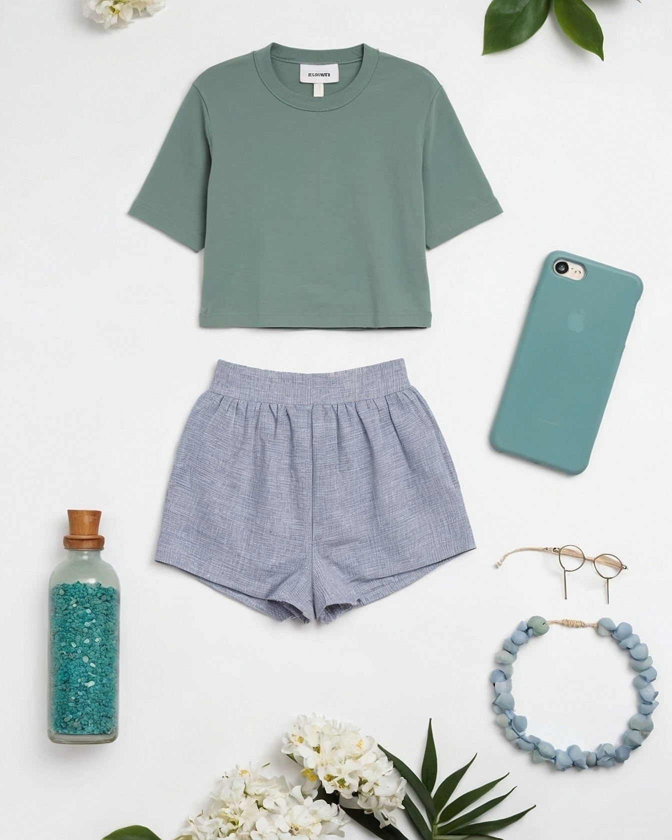 A Verdant Green Top and Dusty Blue Shorts Ensemble