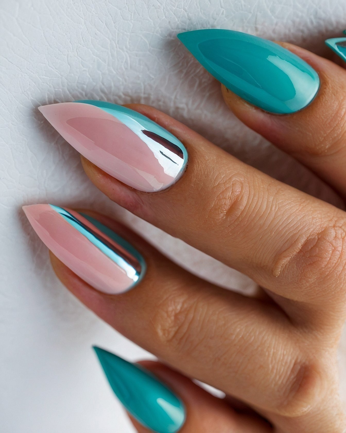 Teal and Rose Gold Chrome Stiletto Nails