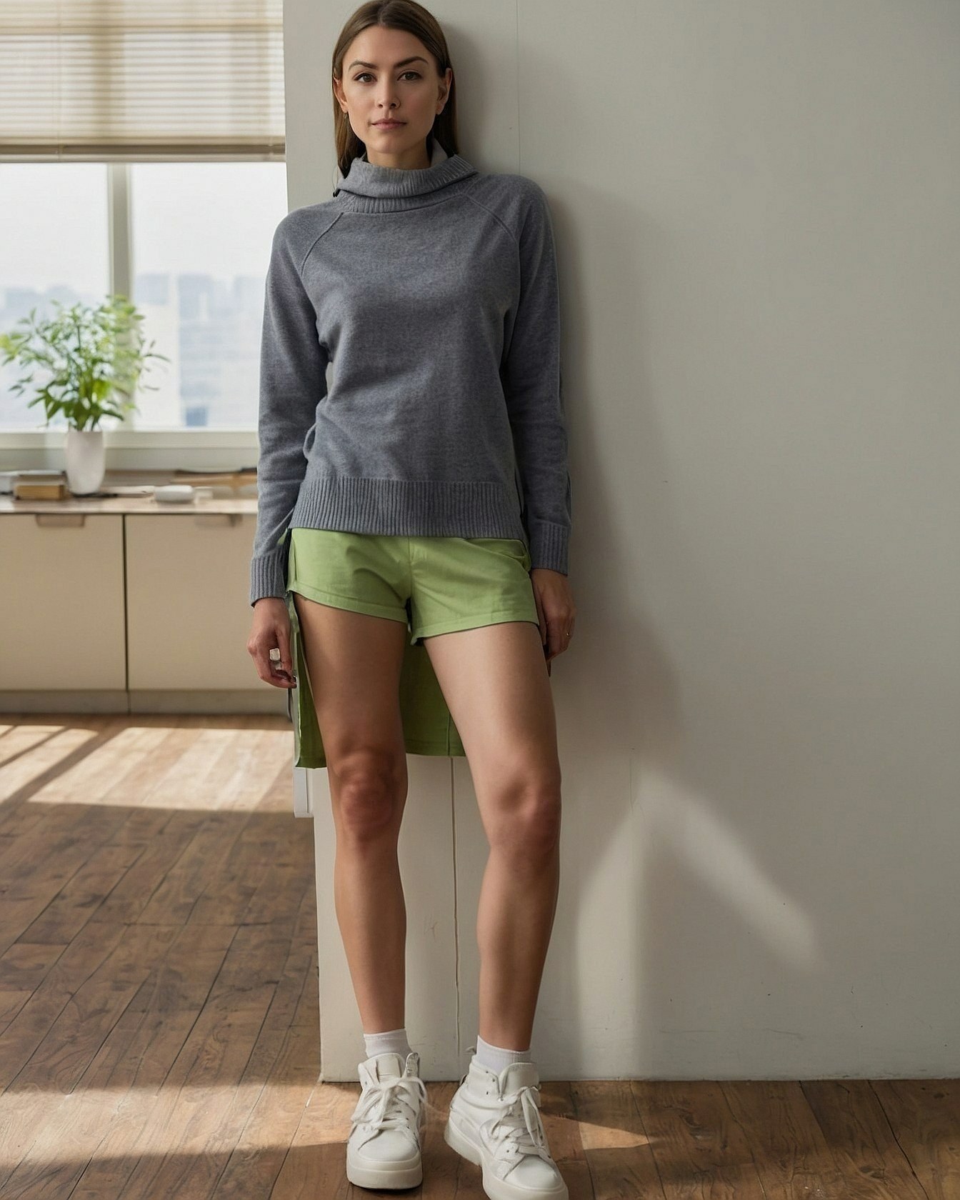 Grey Turtleneck Meets Bright Lime Shorts