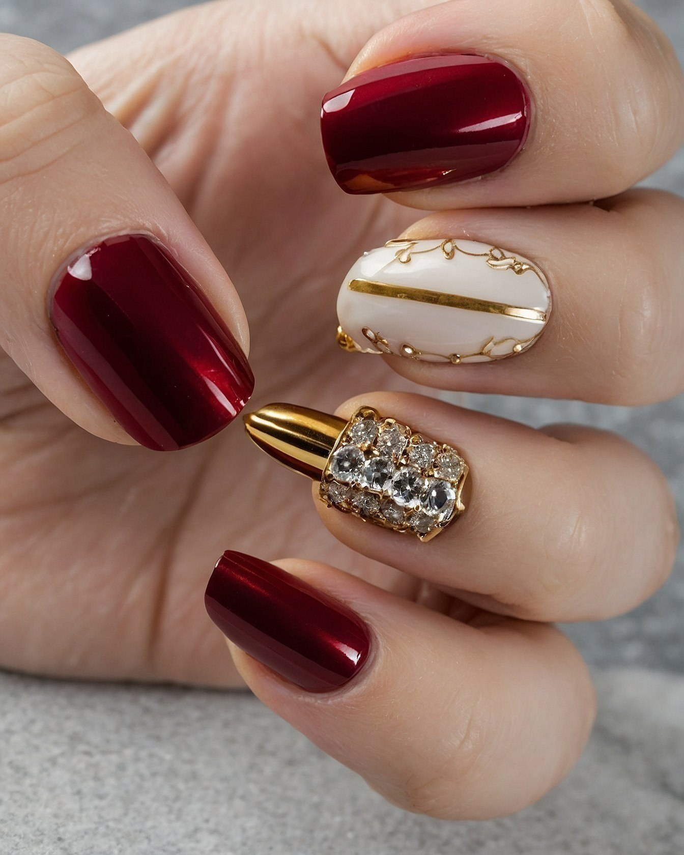 Close-up of Deep Burgundy and Gold Nails