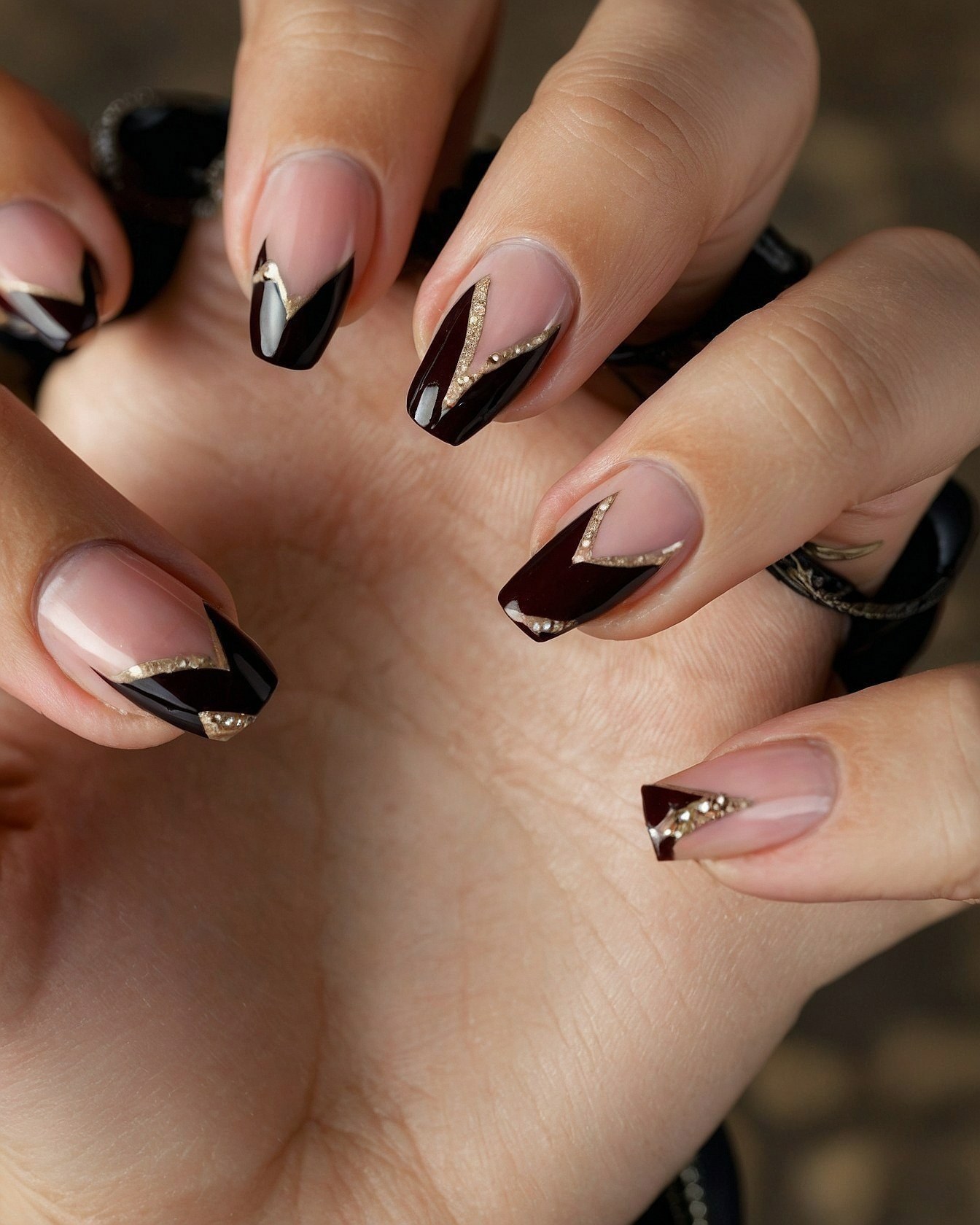 Deep Cherry and Antique Brass Geometric French Tips