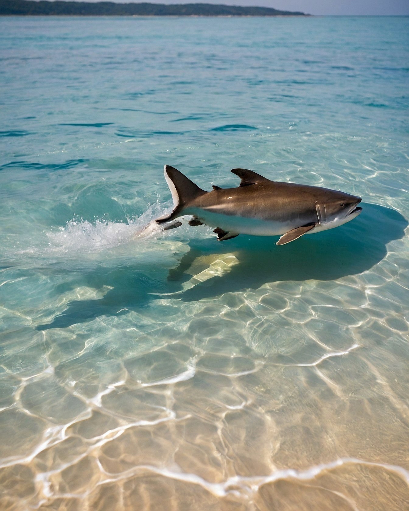 Shark swimming in clear turquoise and sandy shallows