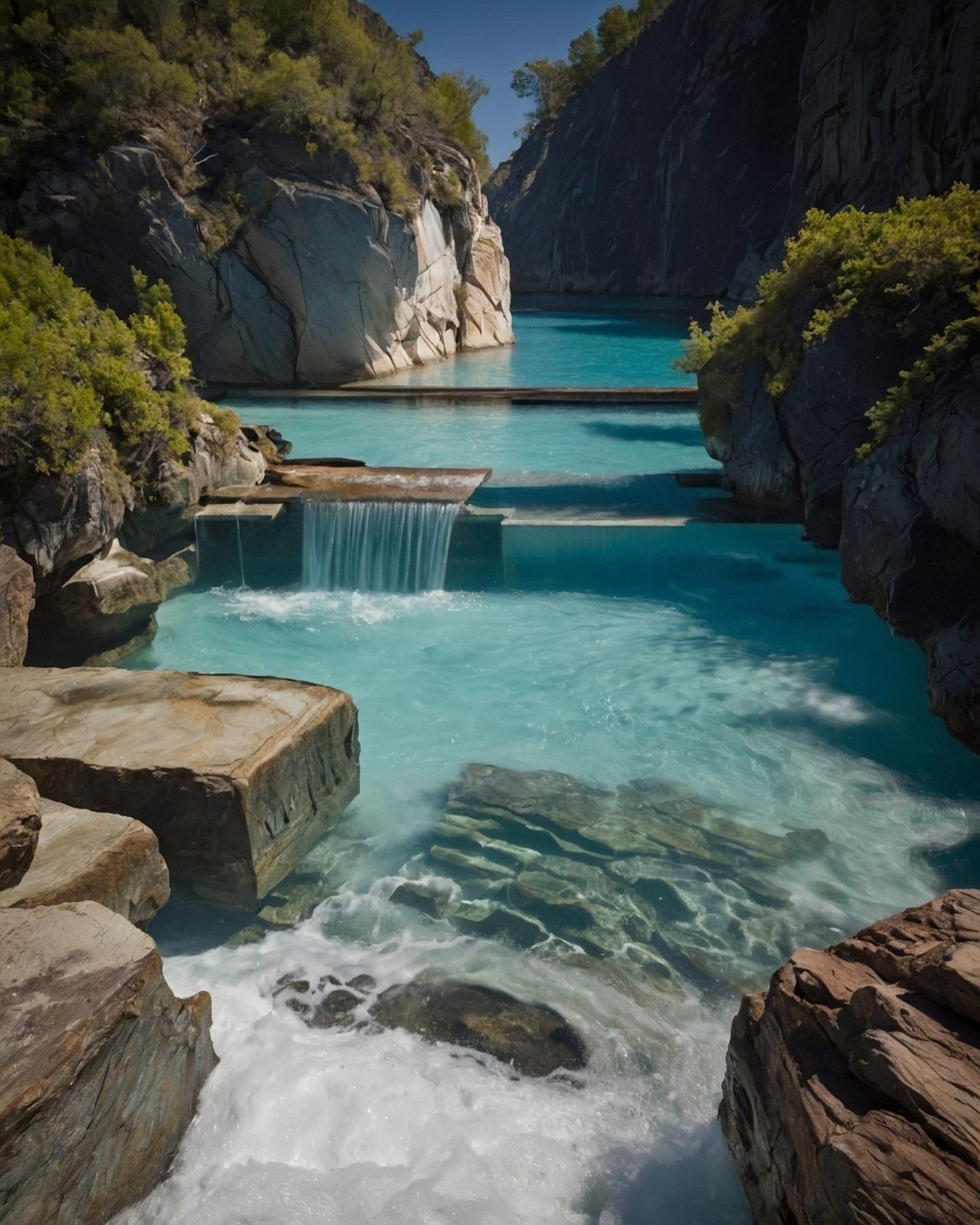 Tiered cascade amidst cool stone and sky blue water