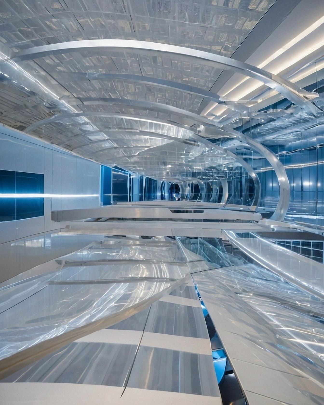 Futuristic Tunnel with Reflective Surfaces and Blue Accents