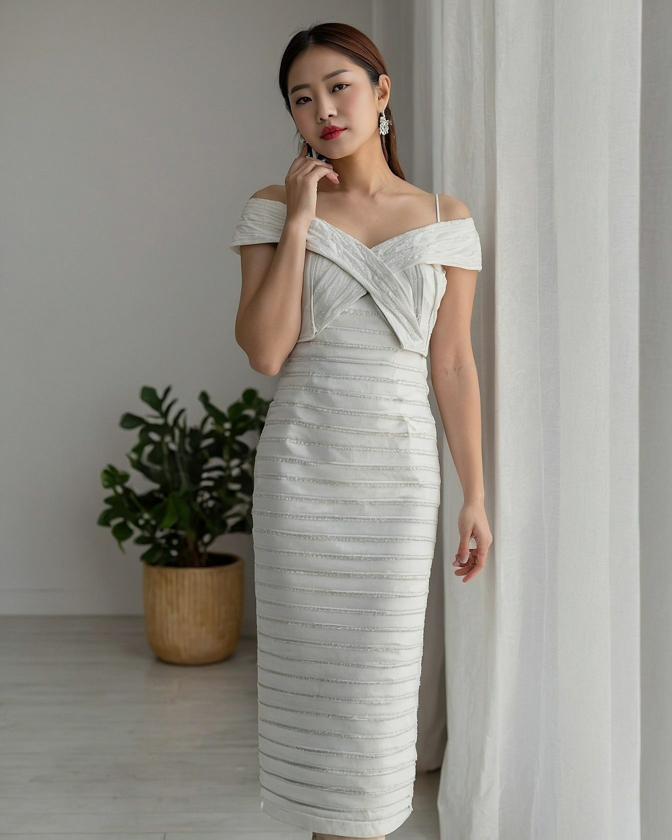 Off-the-shoulder elegance in cream and wicker tones
