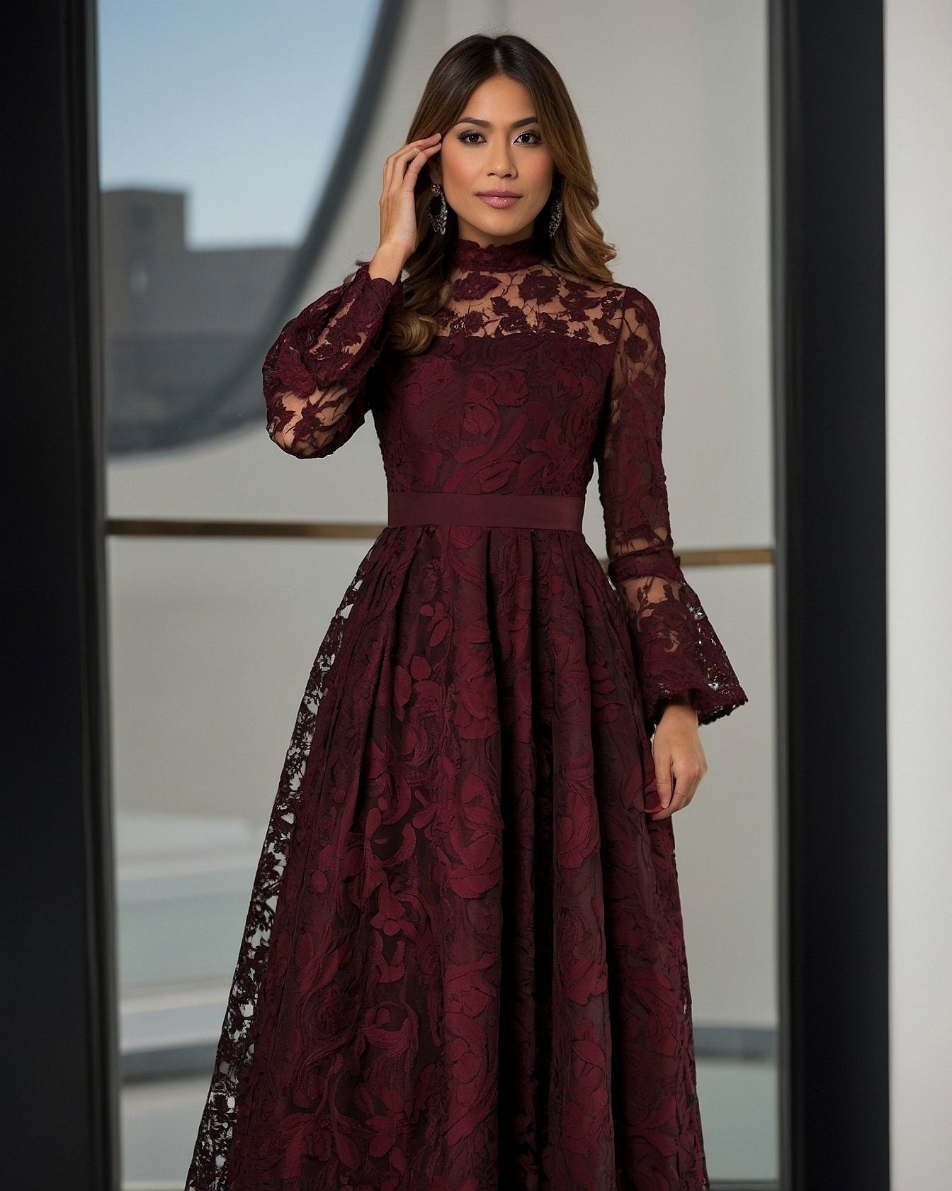 Deep Wine Hue and Floral Lace Elegance