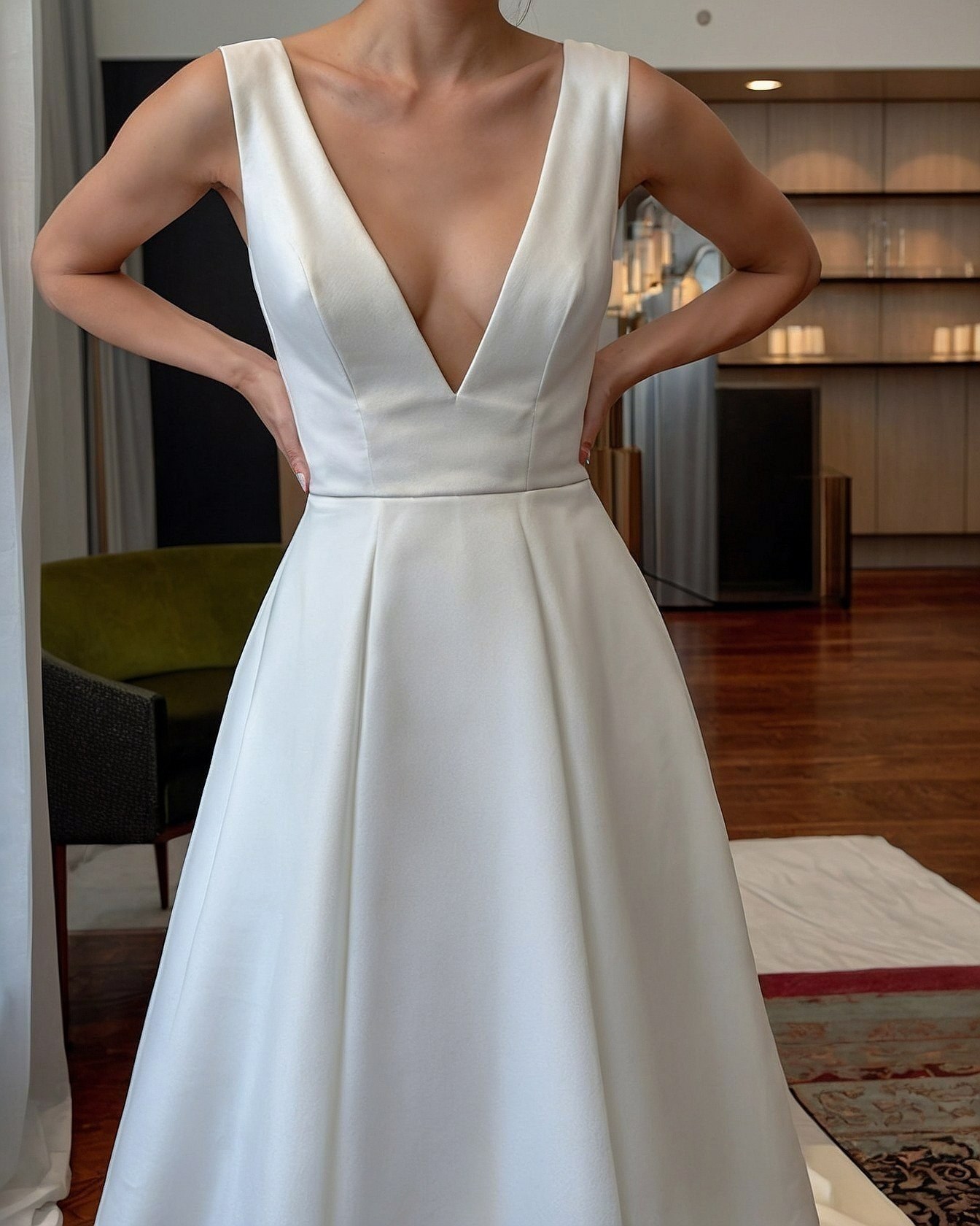 A Plunge Neckline in Ivory Satin
