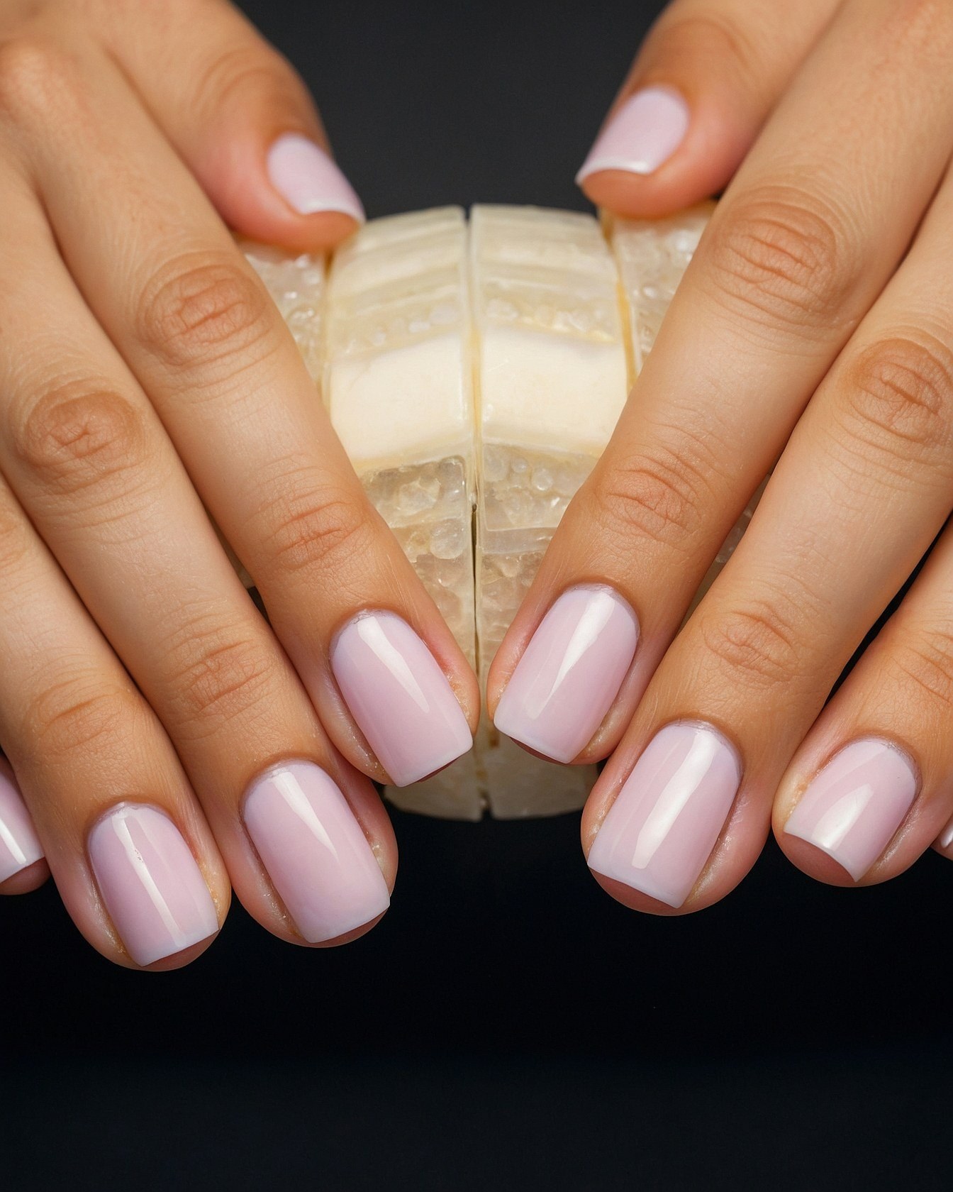 Pale Pink Oval Nails Framing a Creamy Sphere