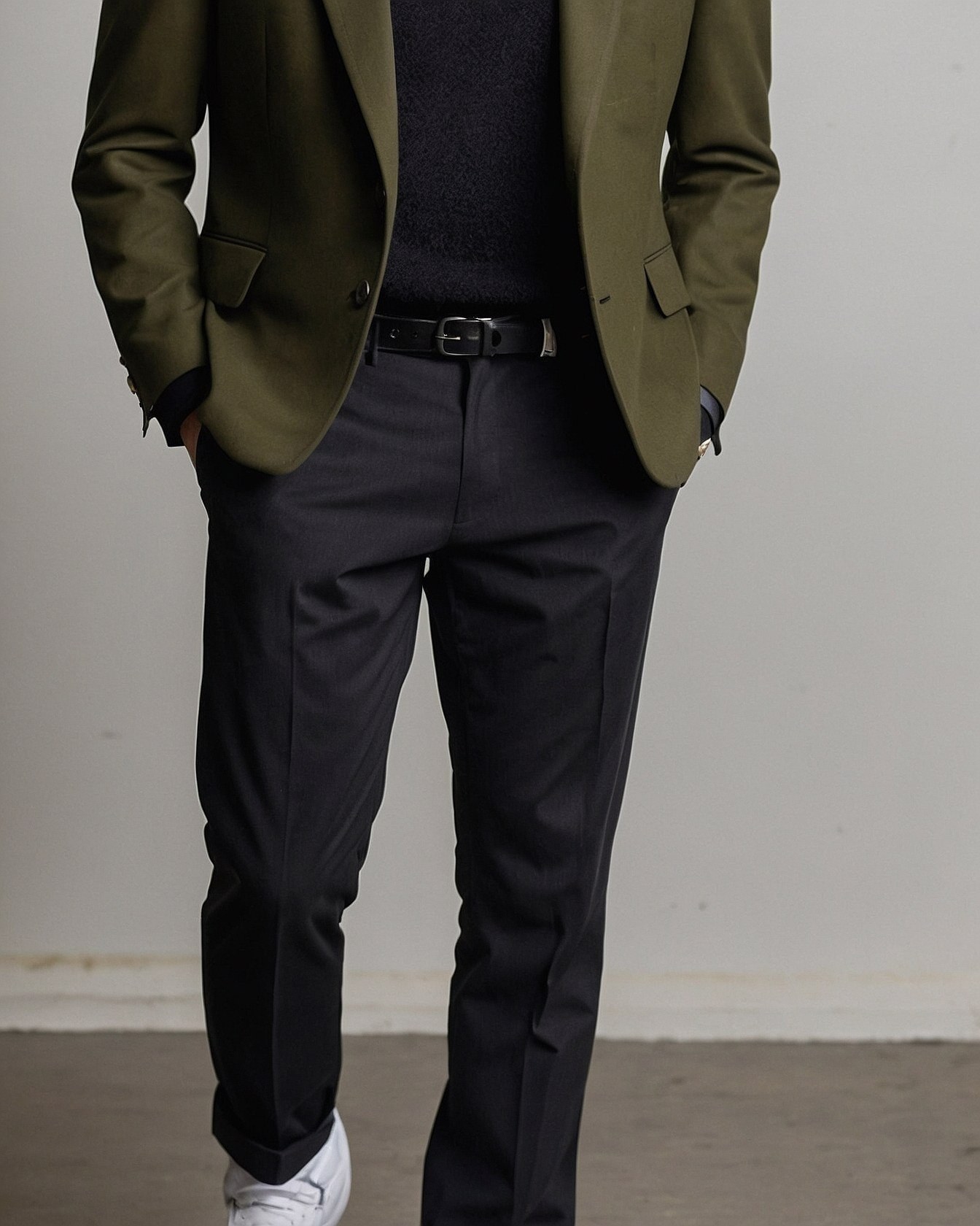 Olive Blazer Meets Charcoal Trousers