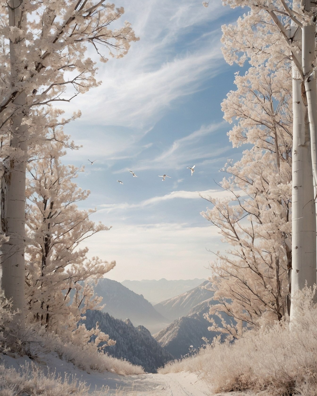 Snow-Kissed Aspens Frame a Mountain Vista