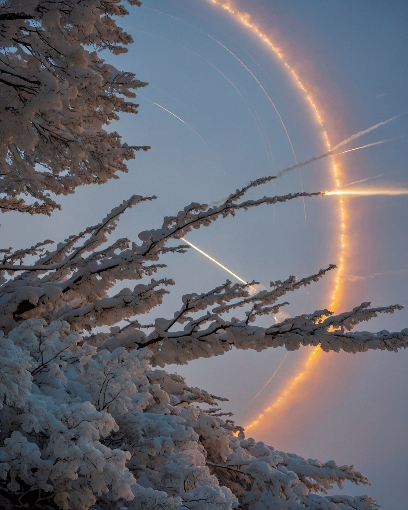 Winter Sky Halo Amidst Snow-Dusted Branches