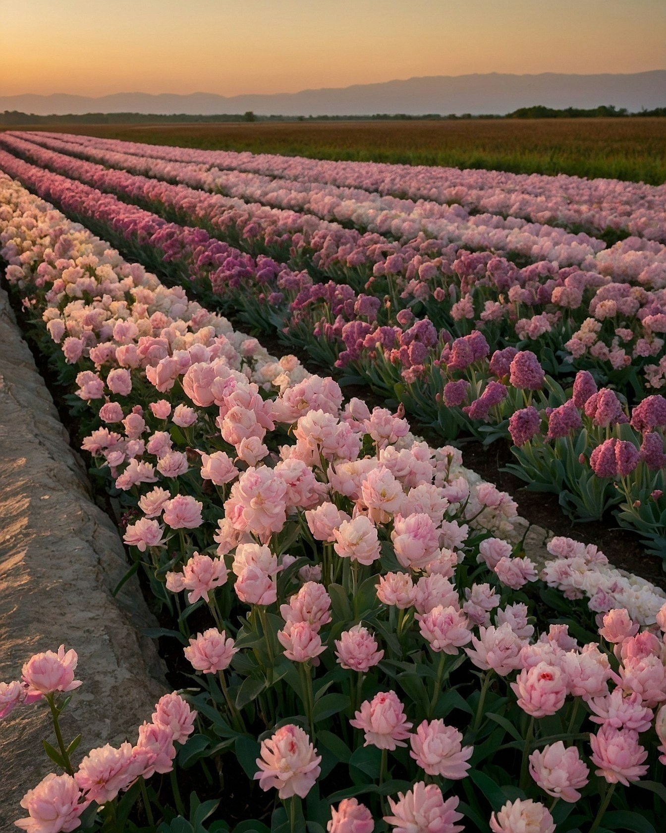Rows of Soft Pink and Lavender Blooms at Dawn
